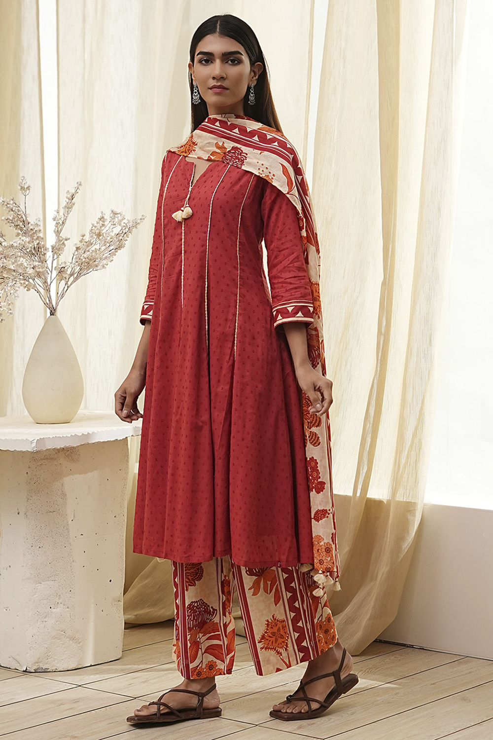 Rust Cotton Yarn-Dyed Kalidar Suit Set image number 3
