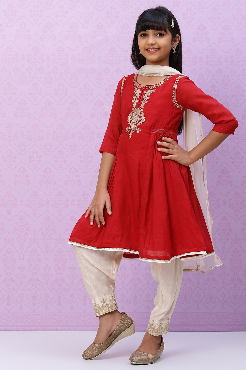 Red Poly Modal Girls Flared Kurta Salwar Suit Set image number 0