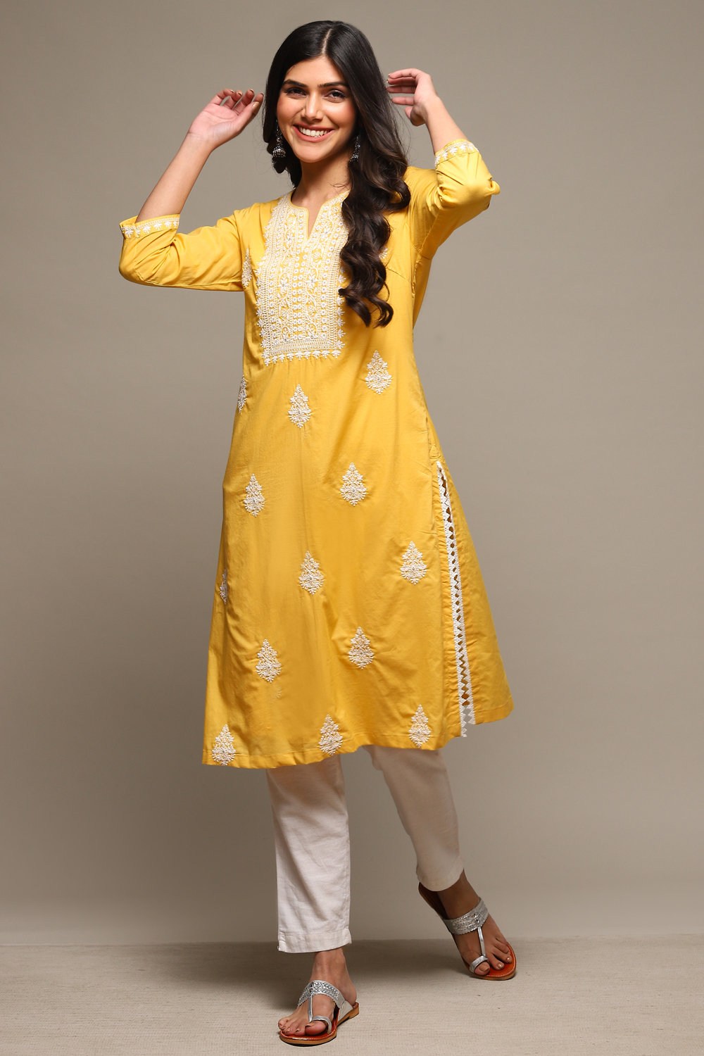 Yellow Cotton Straight Embroidered Kurta image number 0