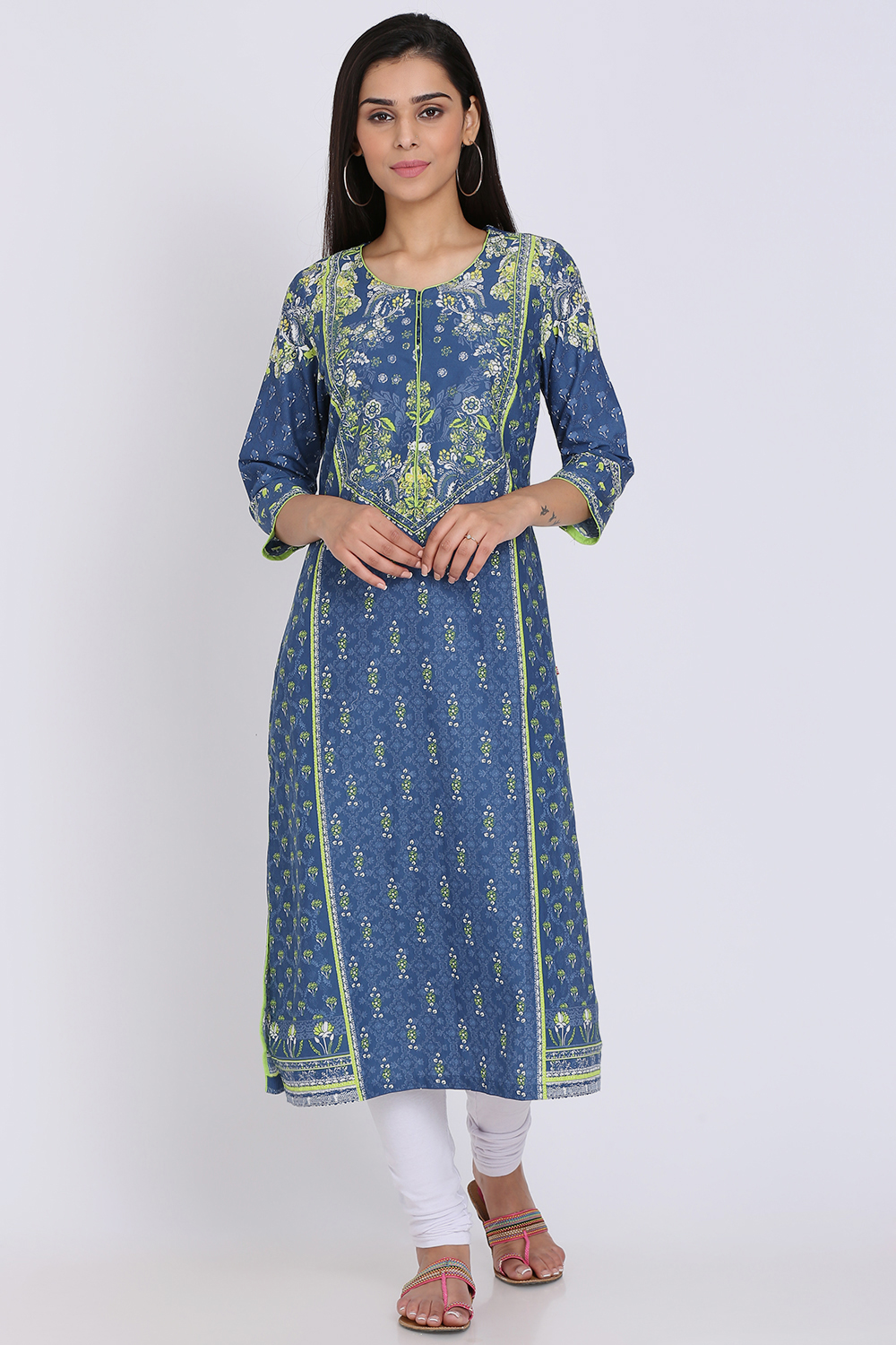 Indigo Cotton Straight Printed Kurta image number 0