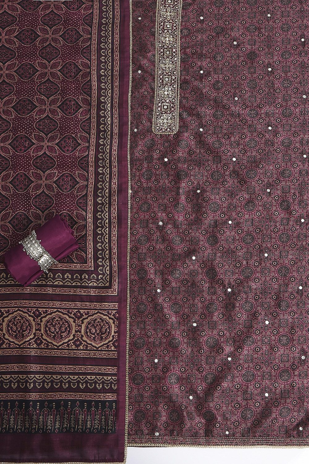 Wine Silk Blend Hand Embroidered Unstitched Suit Set image number 1