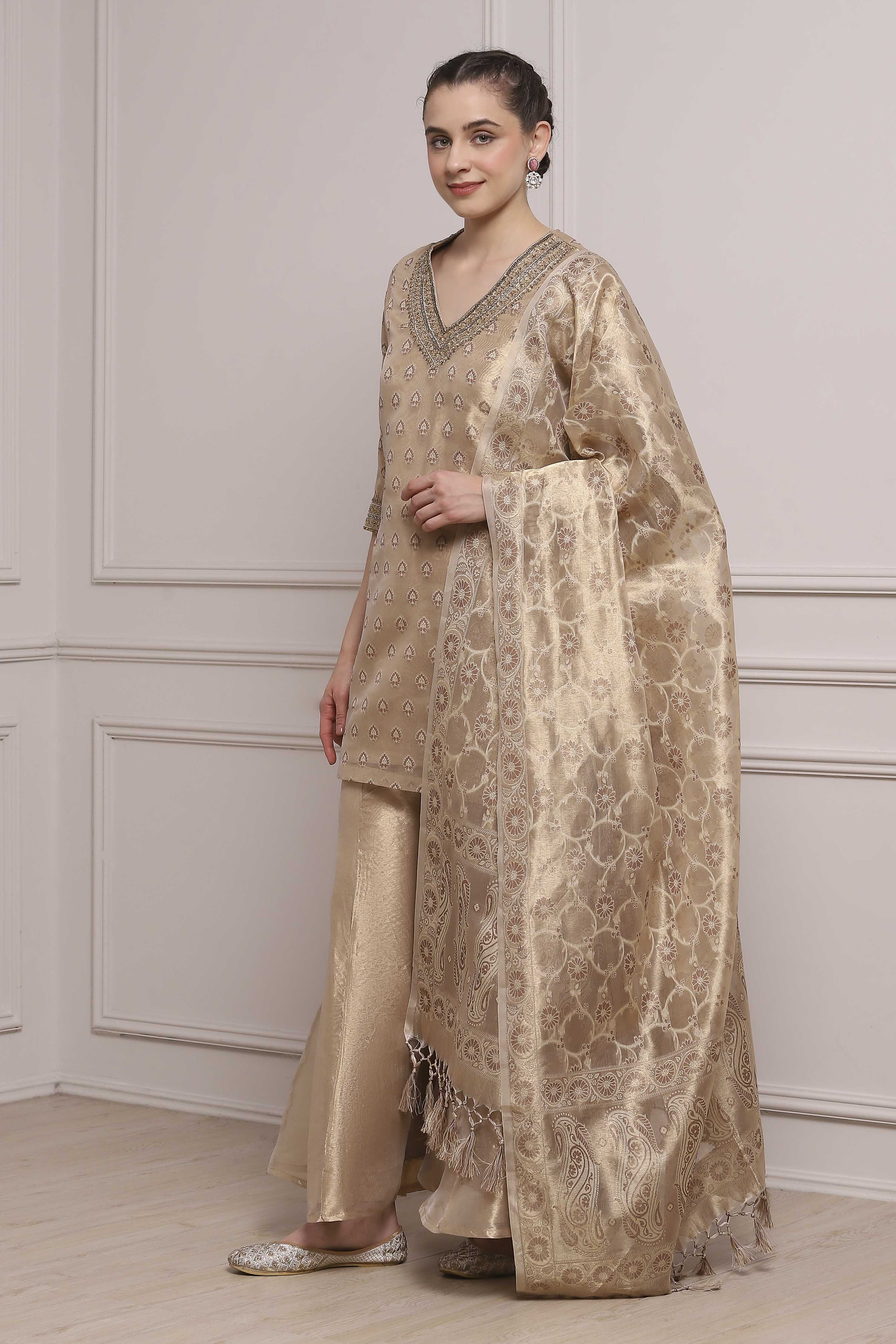 Gold Cotton Straight Yarndyed Sharara Suit Set image number 3