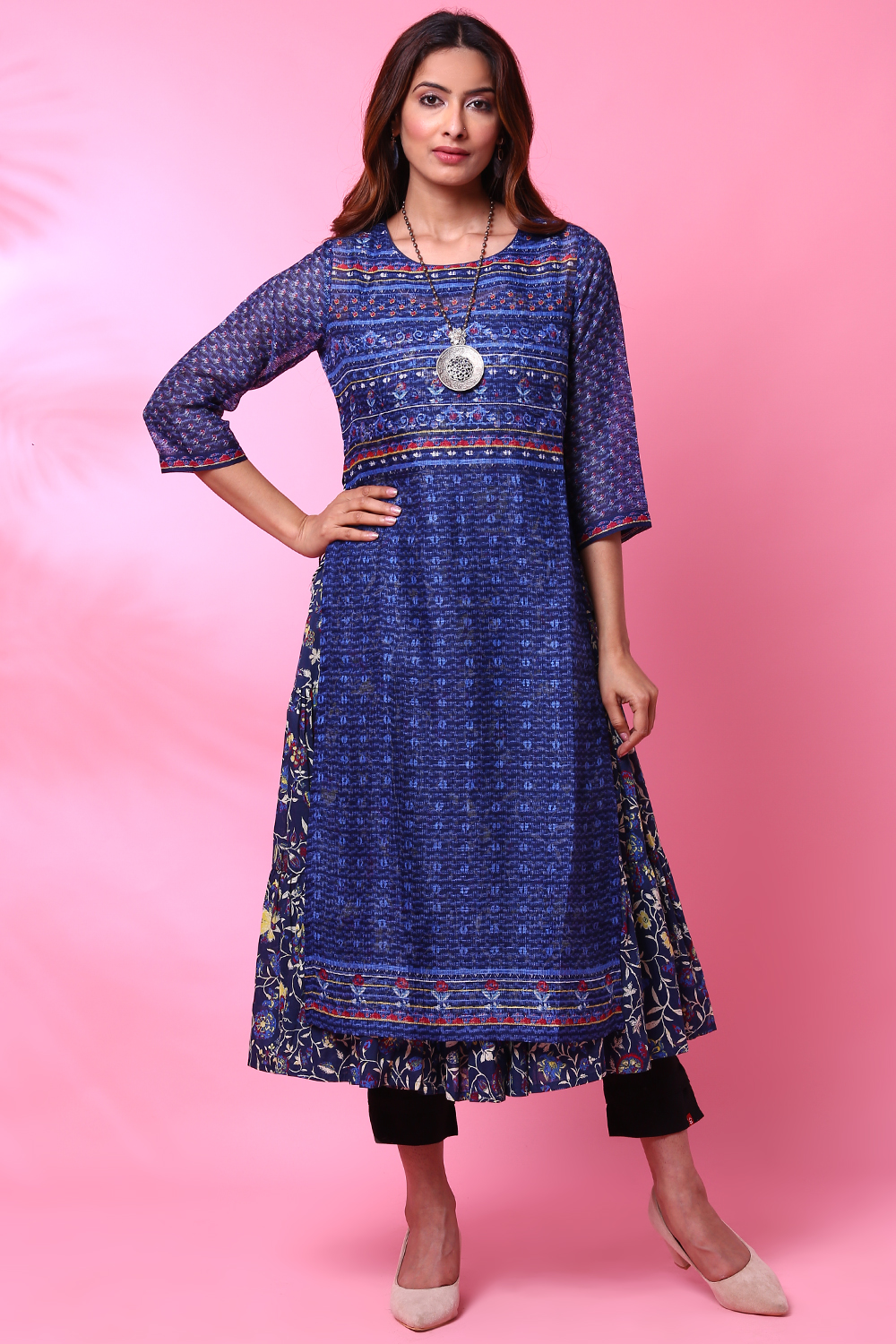 Indigo Art Silk Double Printed Kurta image number 0