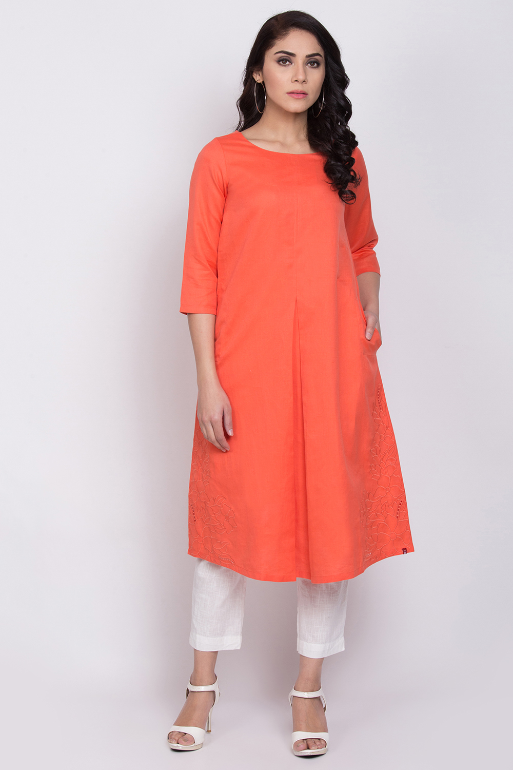 Coral Cotton Linen A-Line Yarndyed Kurta image number 0