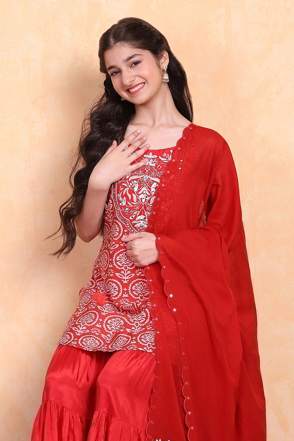 Red Viscose Blend Sharara Suit Set image number 6