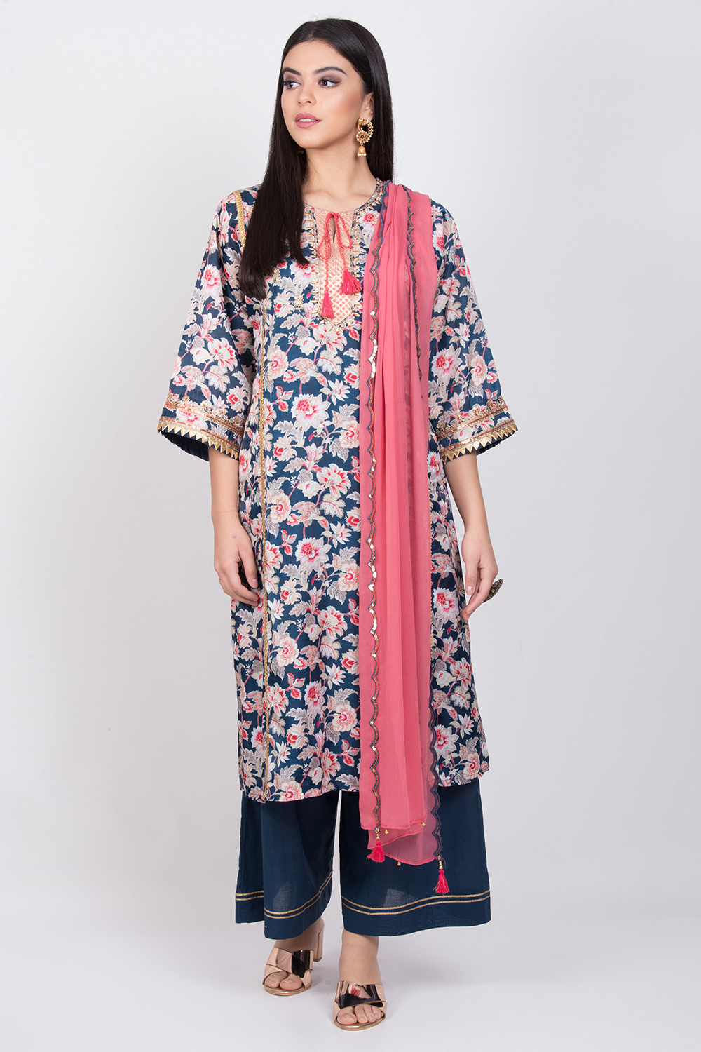 Navy Blue Cotton Straight Kurta Palazzo Suit Set image number 2