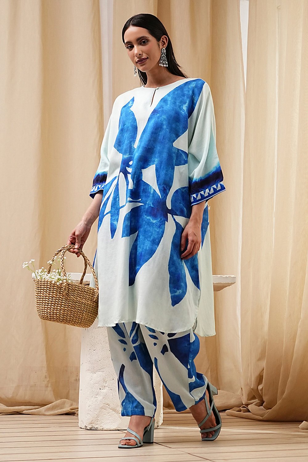Indigo Blue and White Straight Co-ord Set image number 2