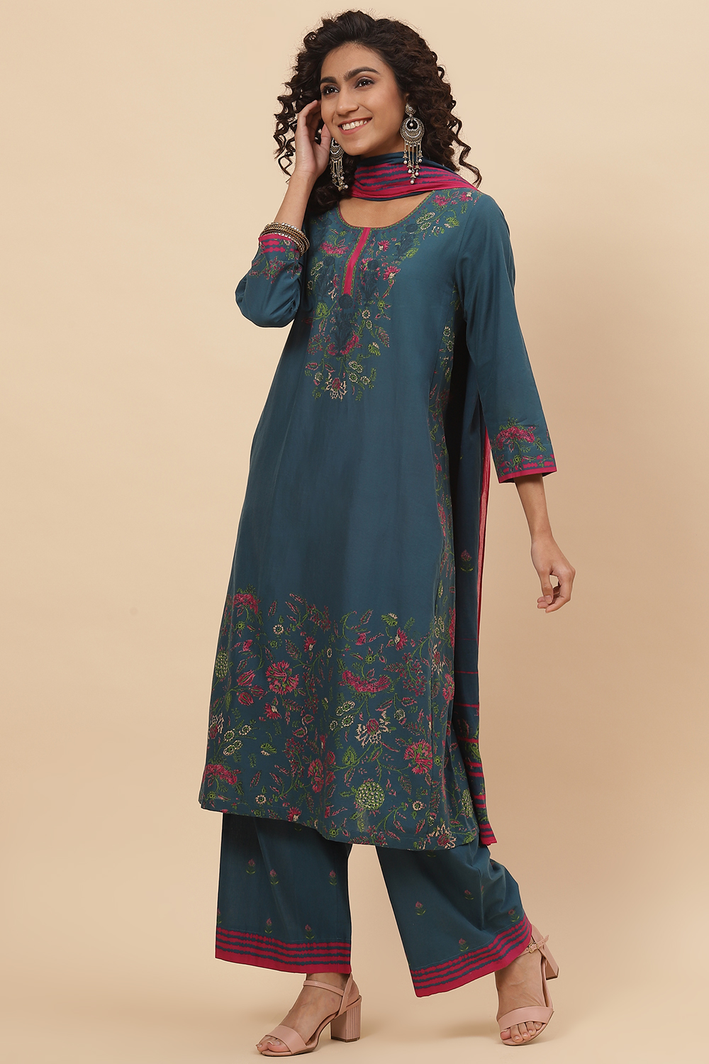 Blue Cotton Straight Kurta Palazzo Suit Set image number 5