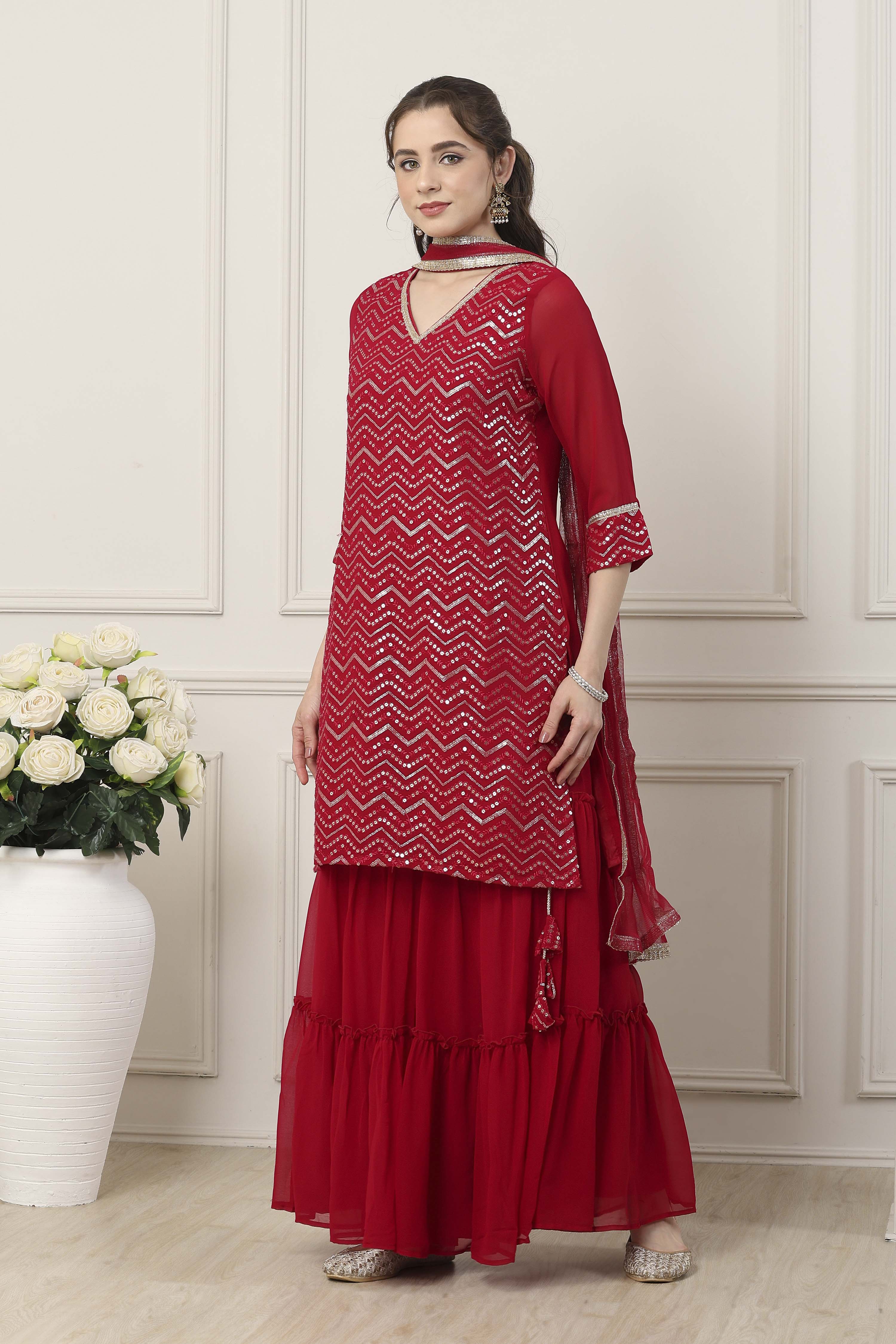 Blue Polyester Straight Embroidered Sharara Suit Set image number 3