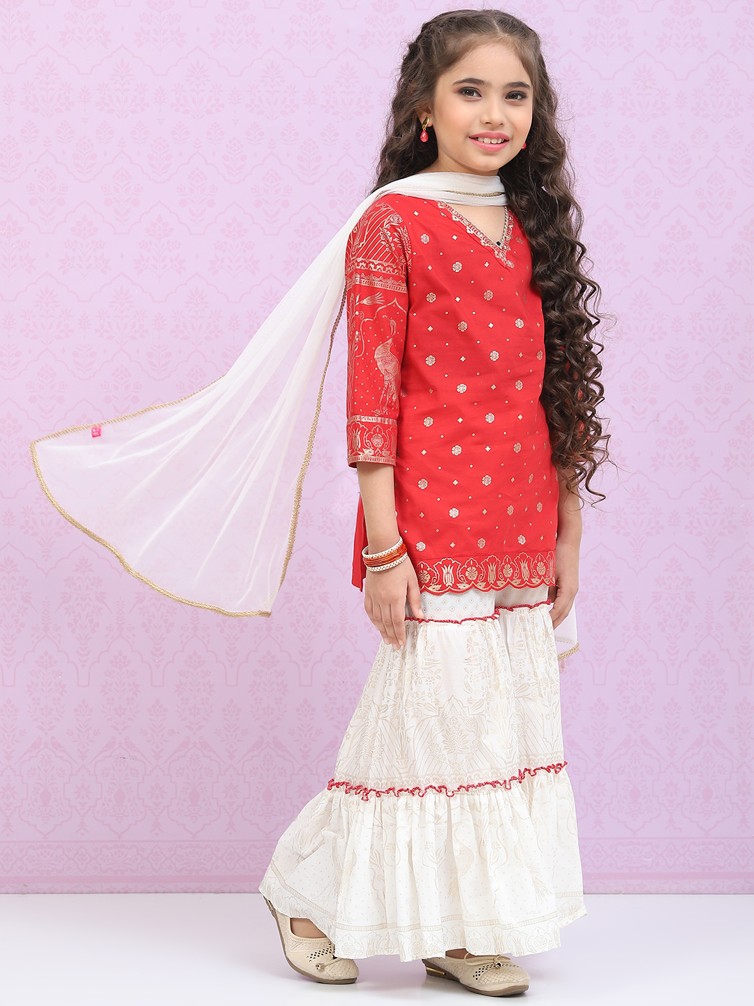 White & Red Cotton Straight Kurta Sharara Suit Set image number 6