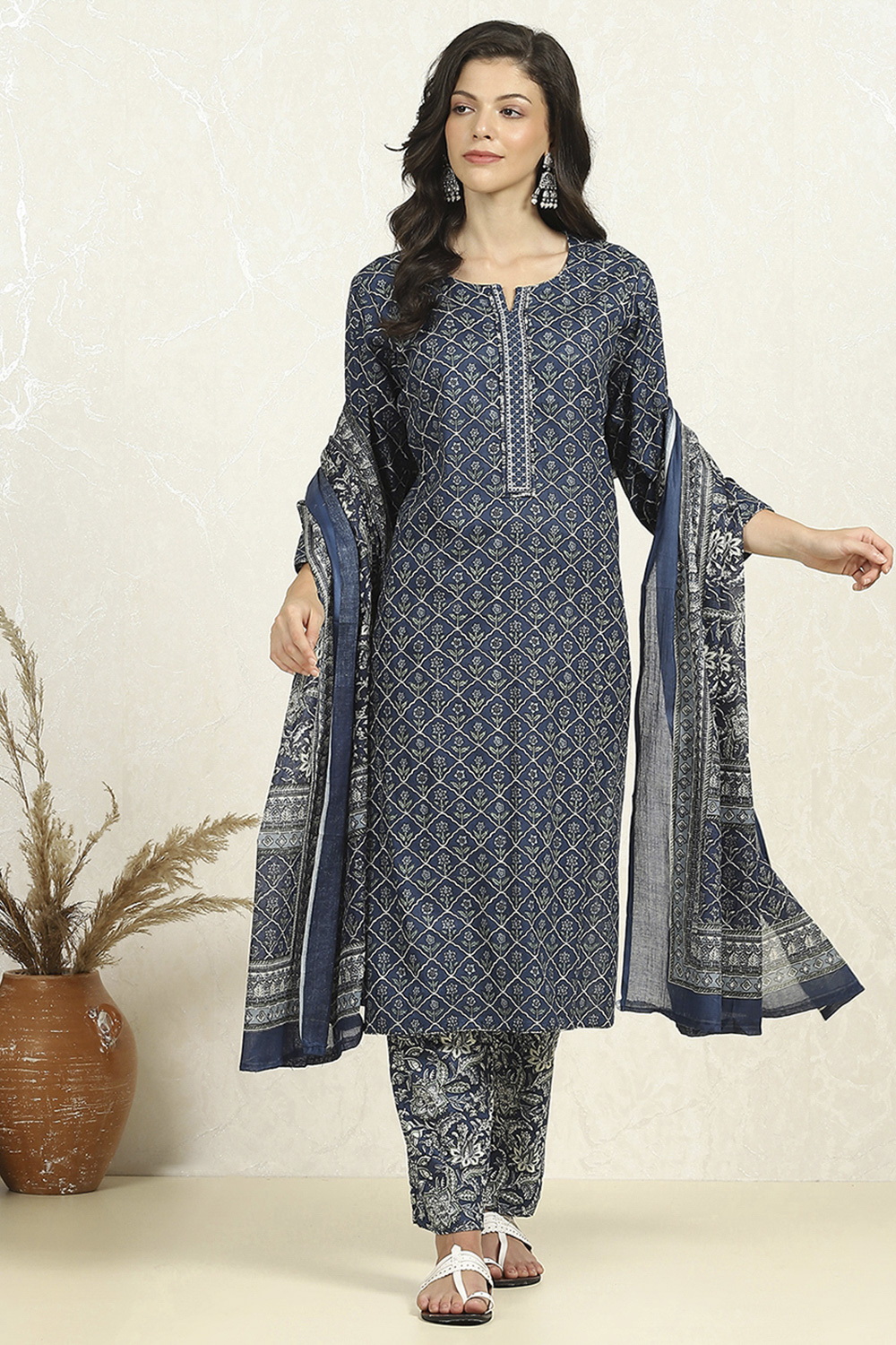 Blue Cotton Unstitched Suit Set image number 1