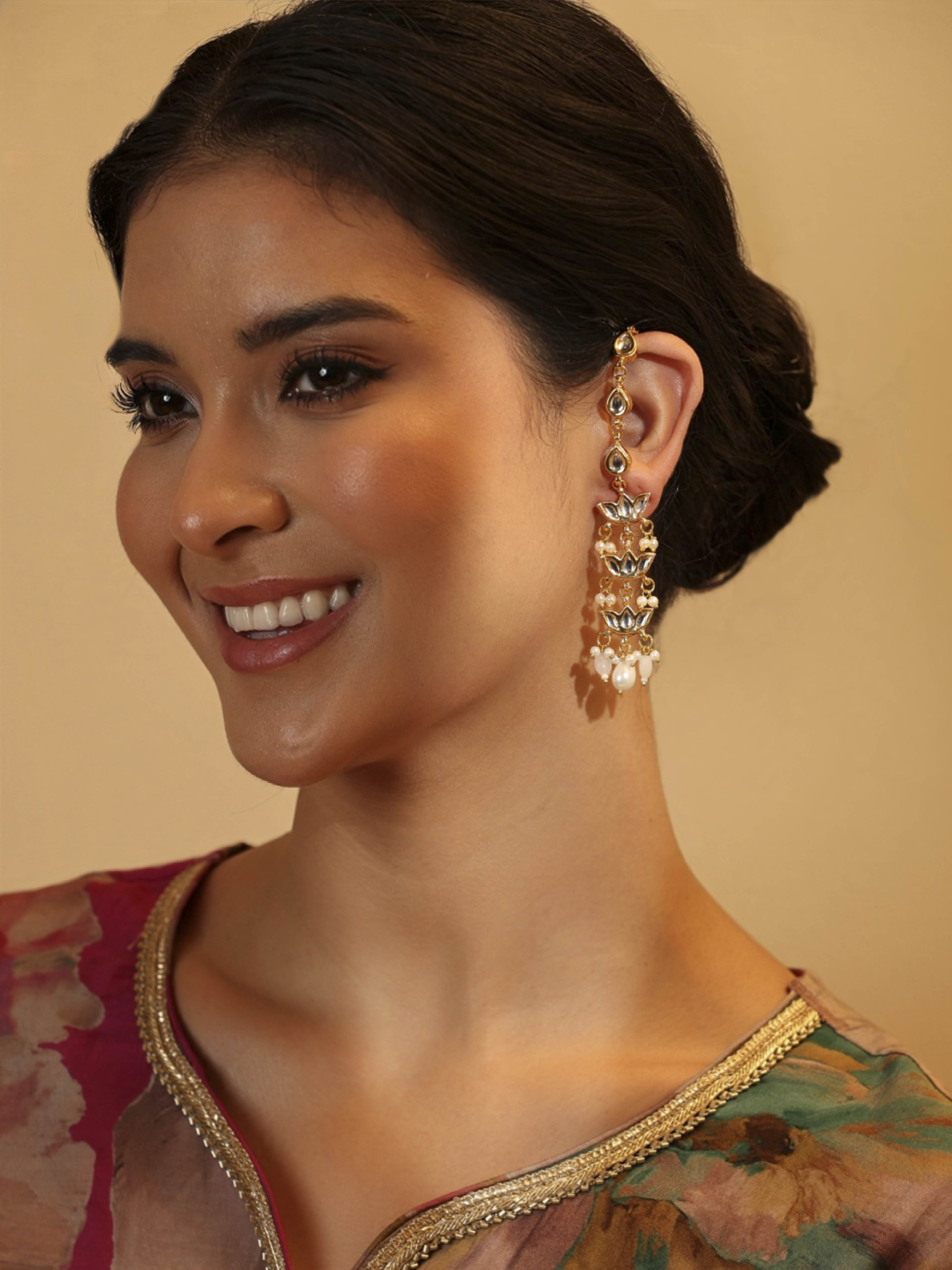 White Gold Plated Brass Kaanchain Earrings image number 3