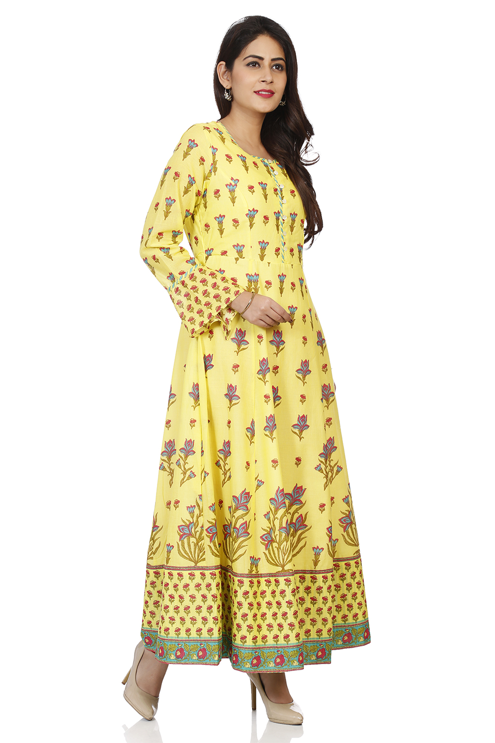 Lemon Yellow Cotton Kalidar Printed Kurta image number 2