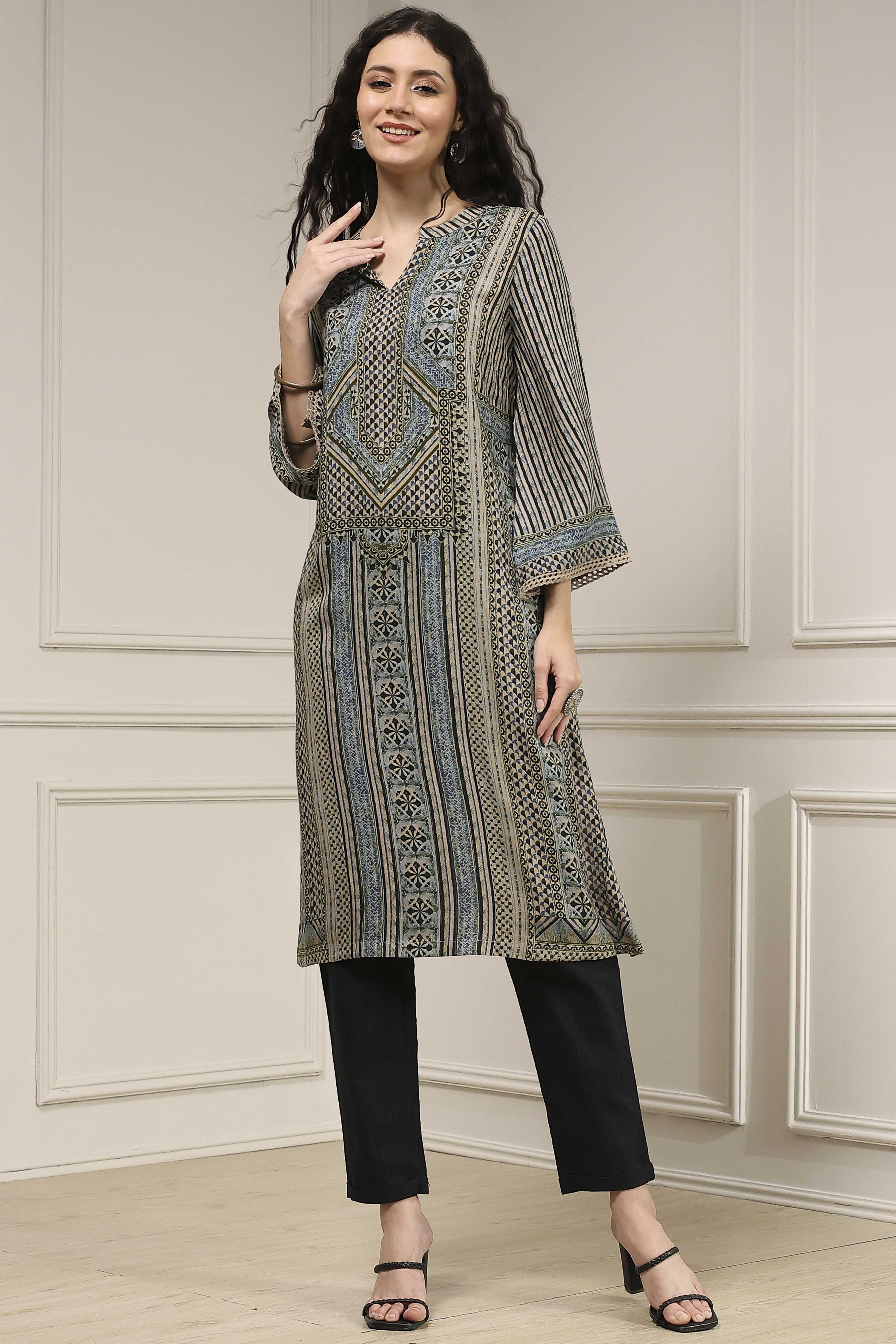 Blue Printed Straight Kurta image number 5