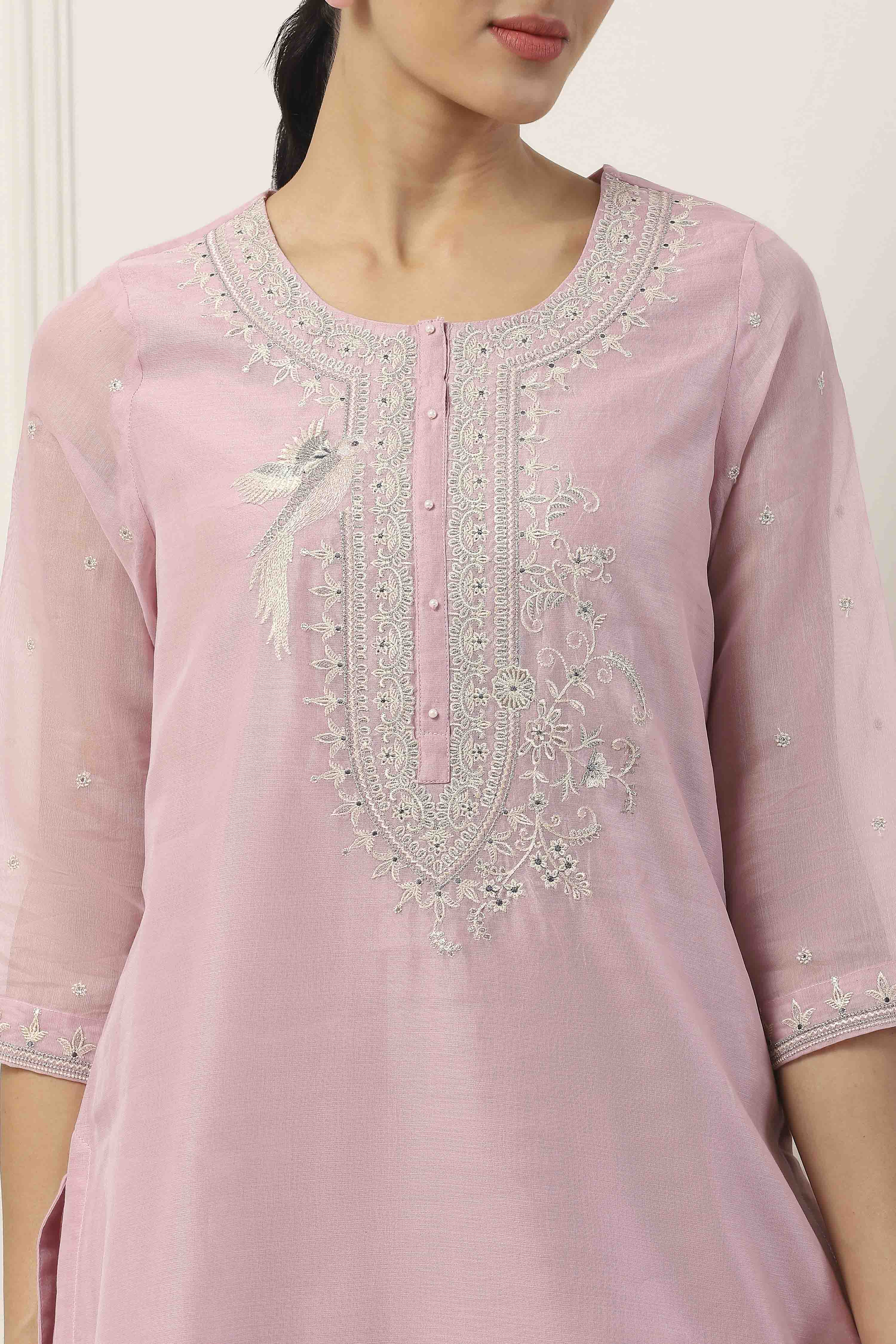 Pink Poly Chanderi Embroidered Straight Suit Set image number 1