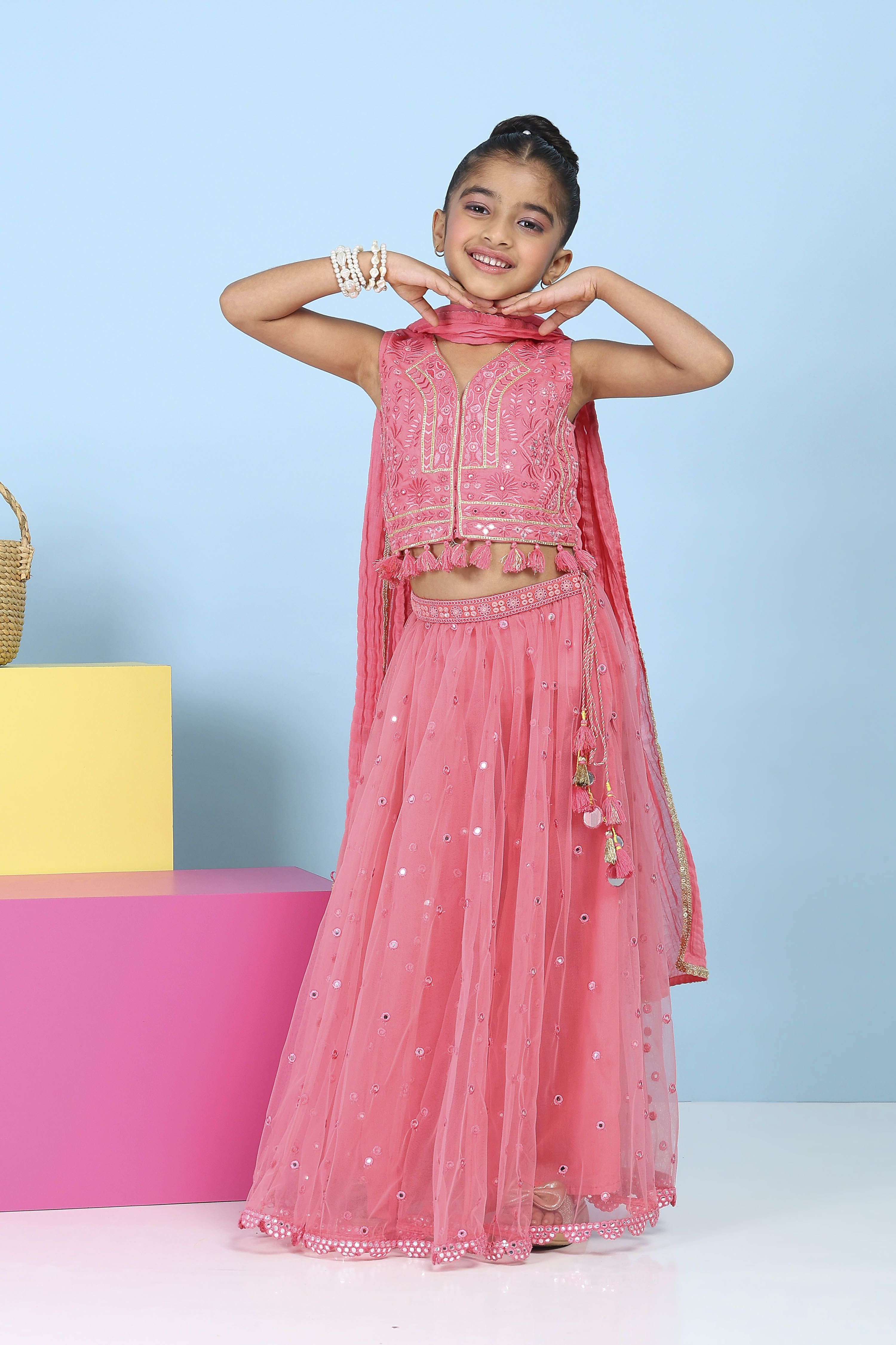 Pink Cotton Satin Solid Regular Lehenga Set image number 6