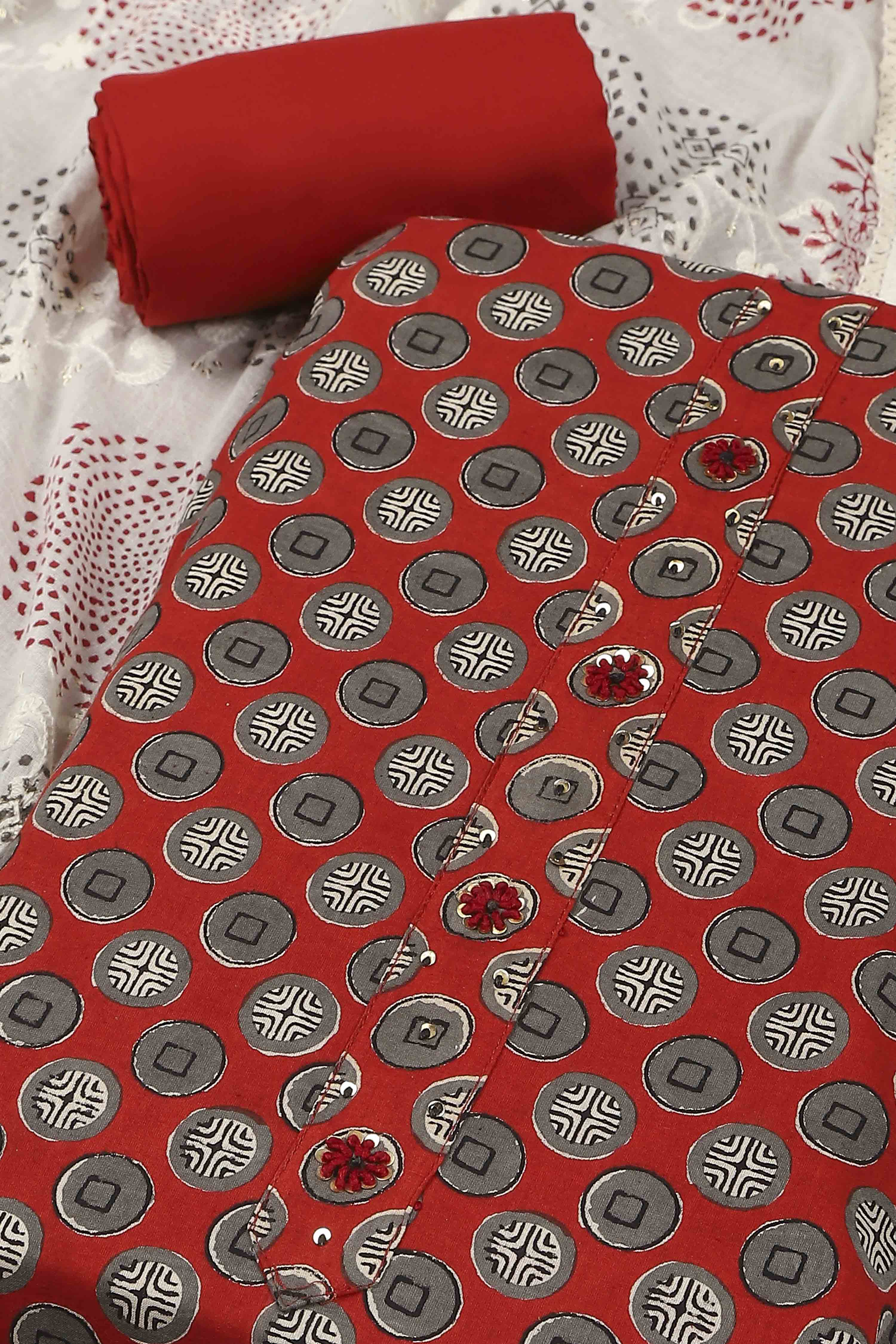 Red Cotton Printed Embroidered Unstitched Suit Set image number 1