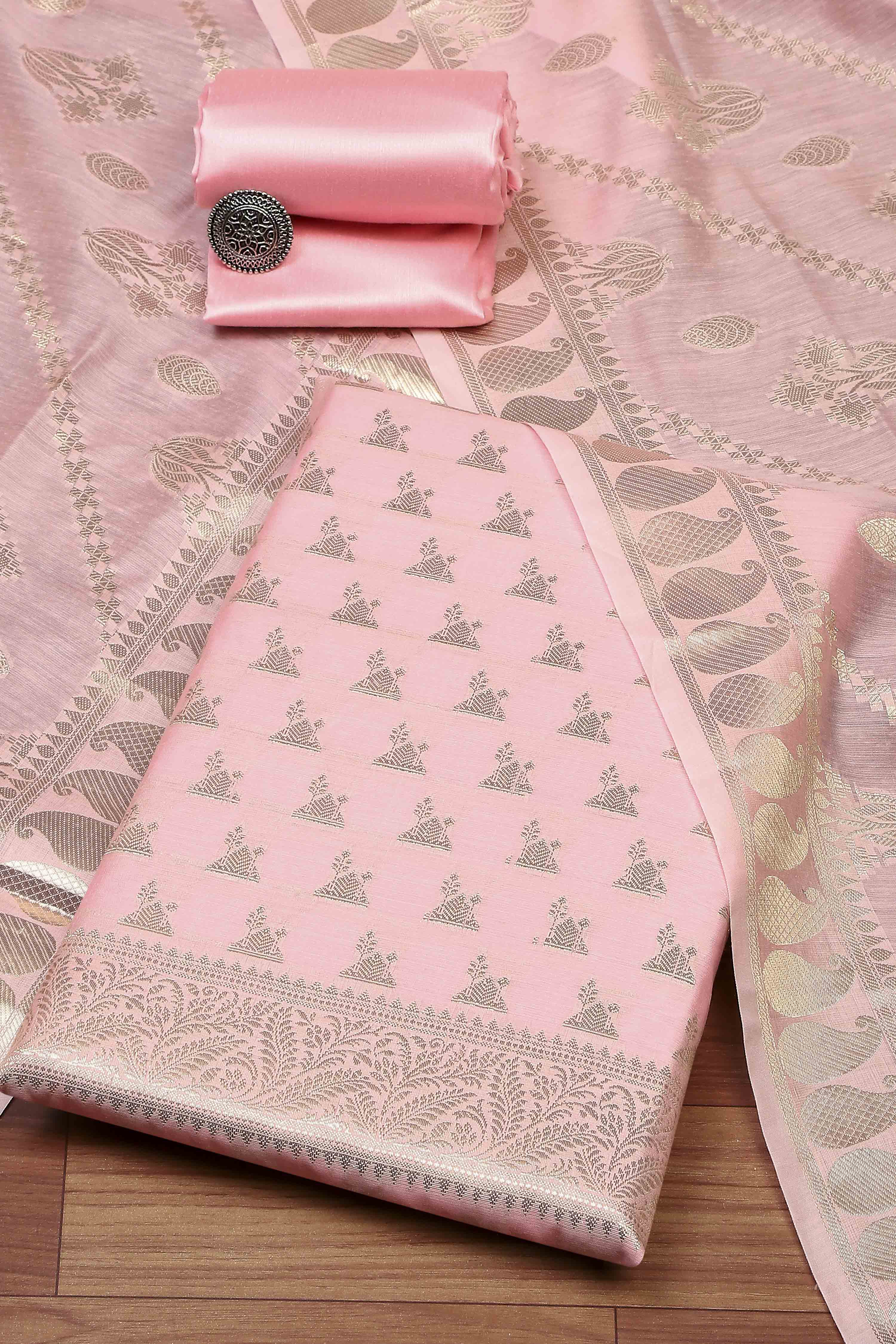 Hot Pink Cotton Printed Embroidered Unstitched Suit Set image number 0