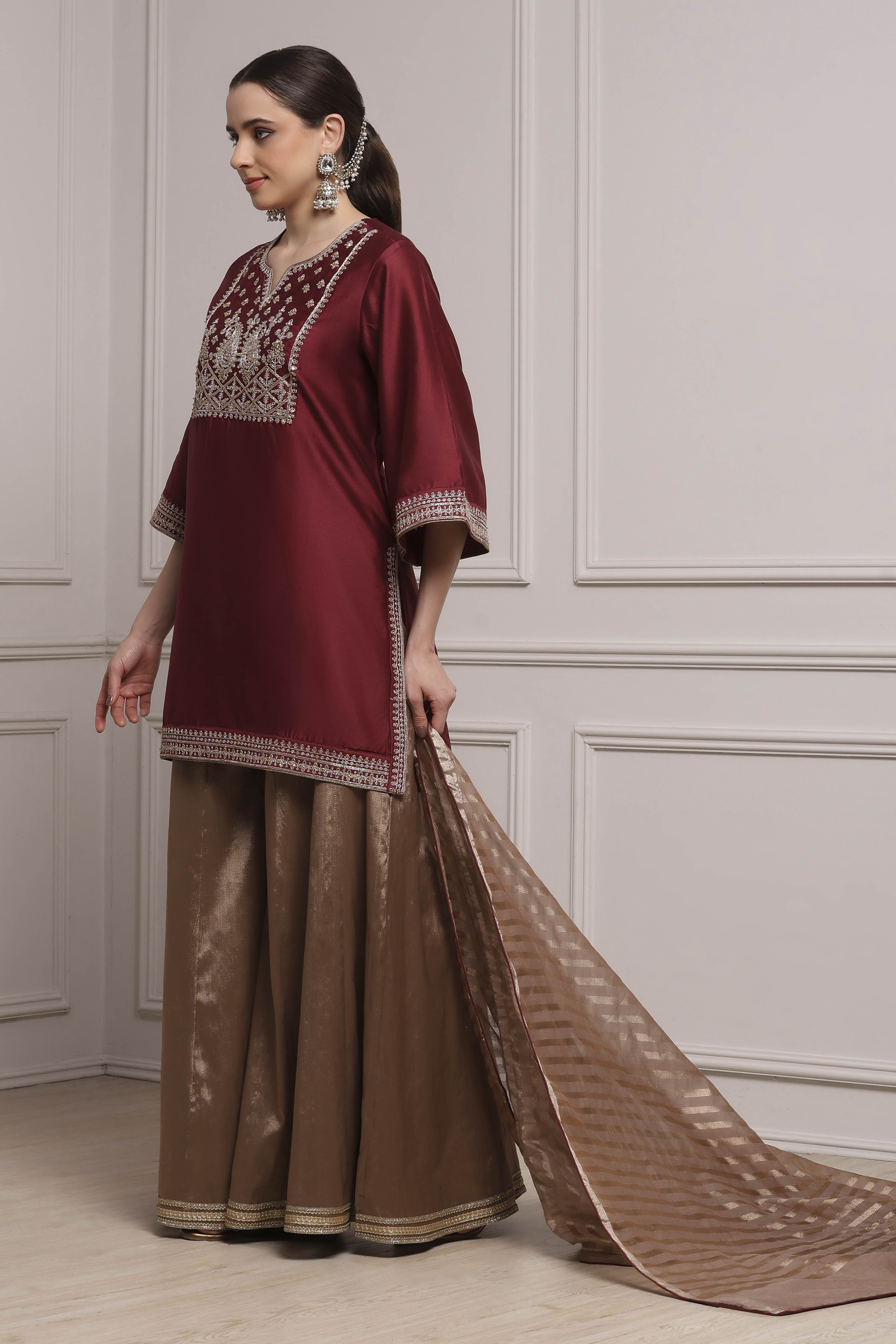 Maroon and Gold-Toned Cotton Silk Blend Sharara Suit Set image number 4