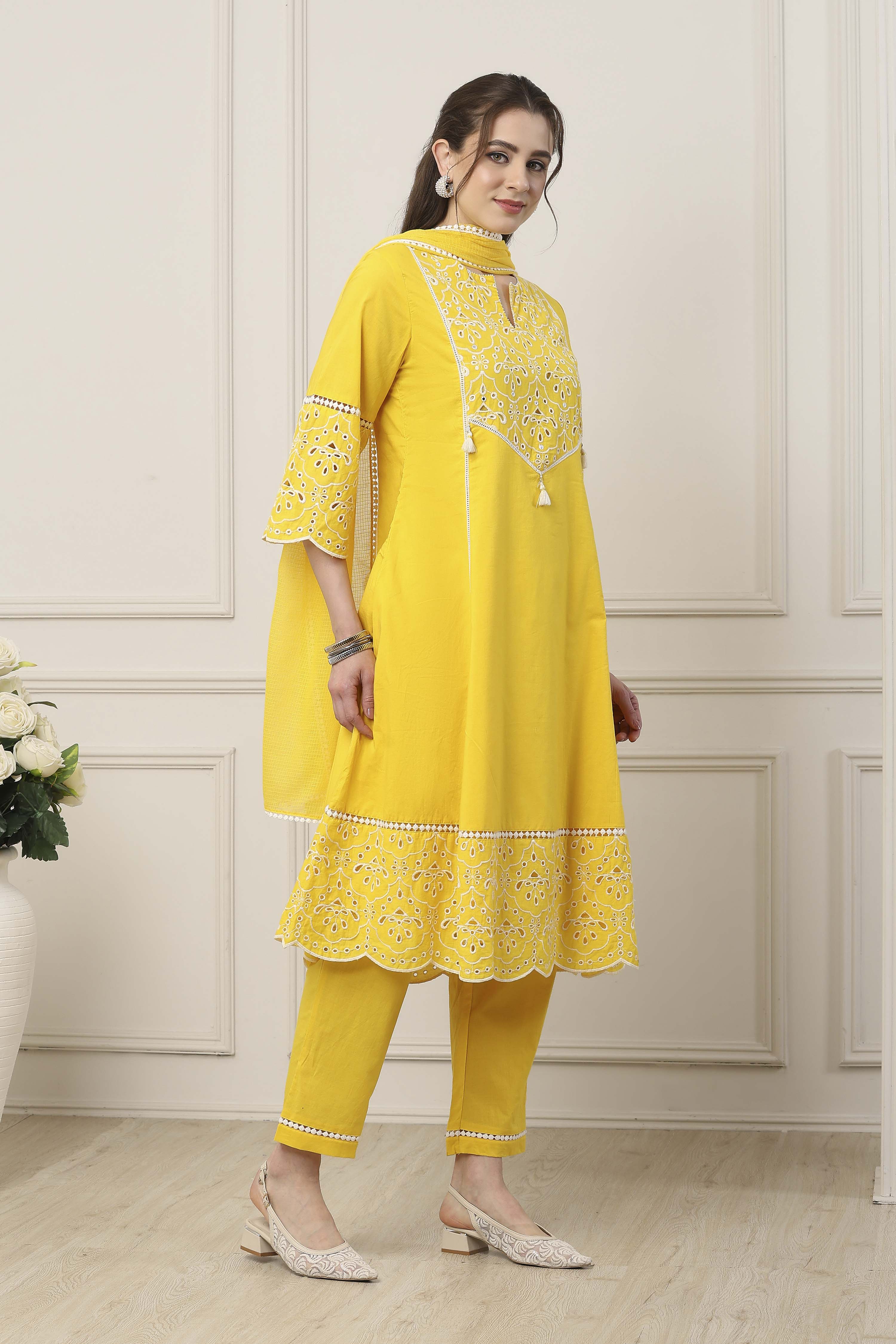 Yellow Cotton Schiffli Embroidered Kalidar Suit Set image number 6