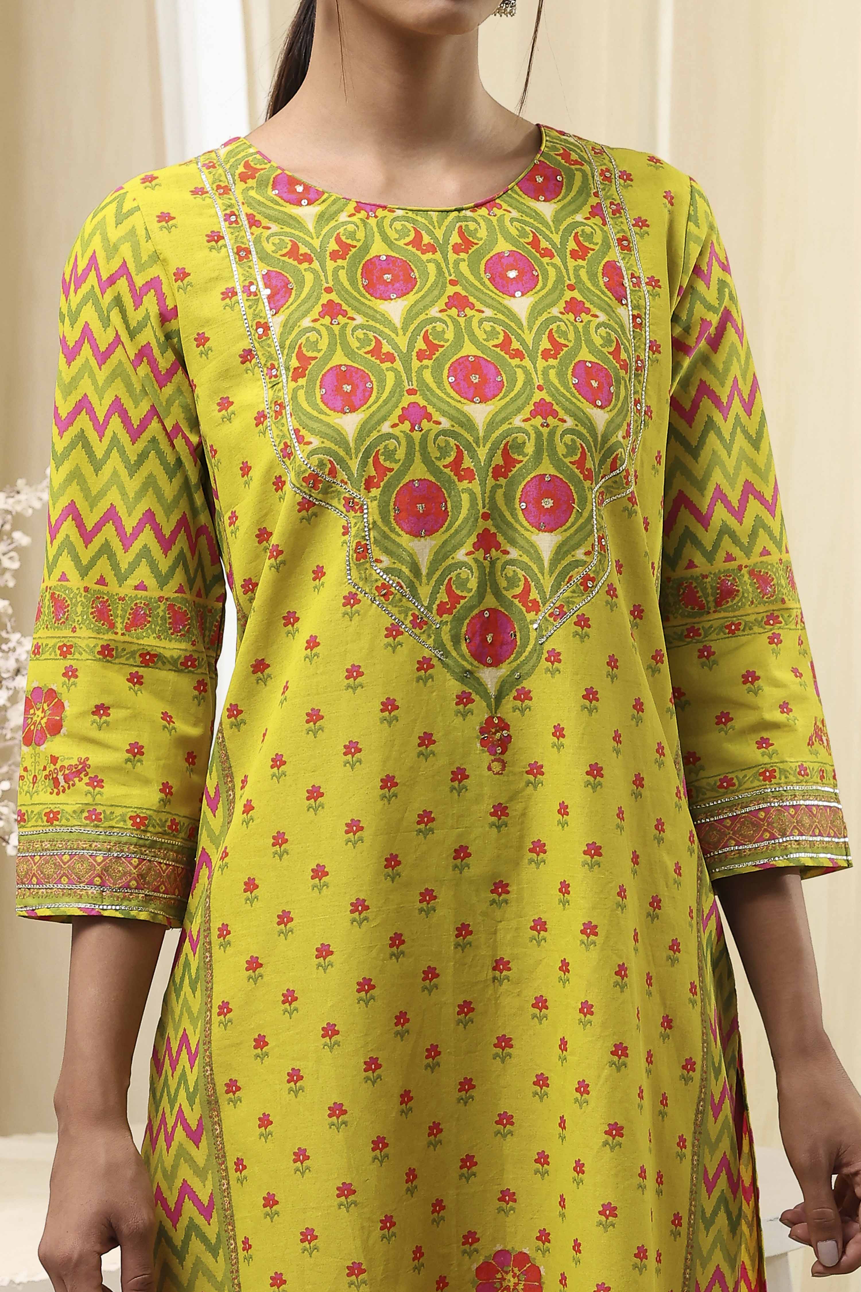 Green Cotton Printed Straight Kurta image number 1