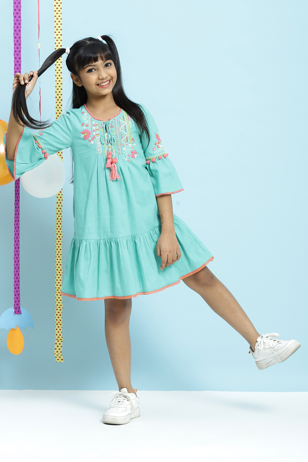 Turquoise Flared Cotton Flax Dress image number 5