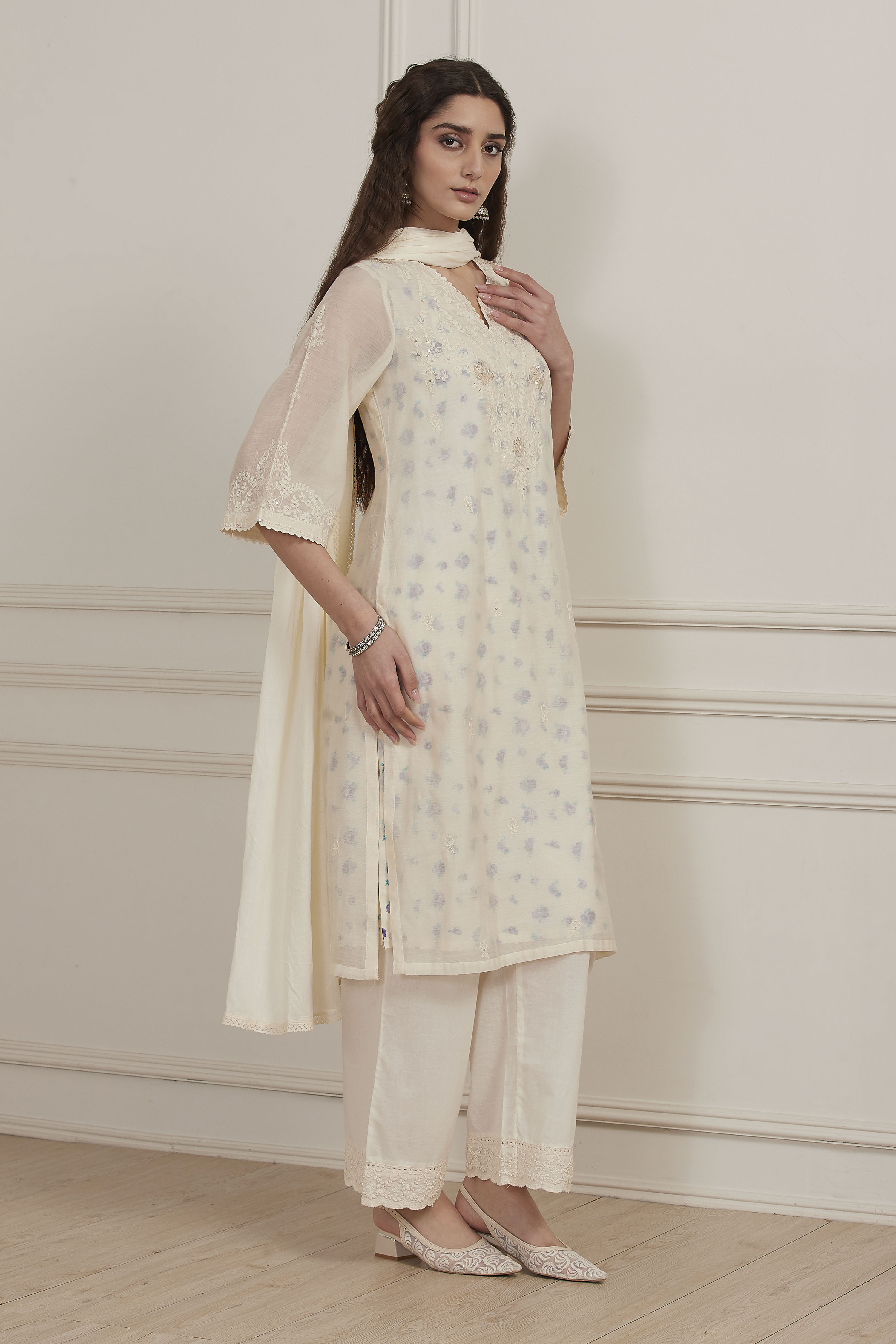 White Poly Chanderi Straight Suit Set image number 5