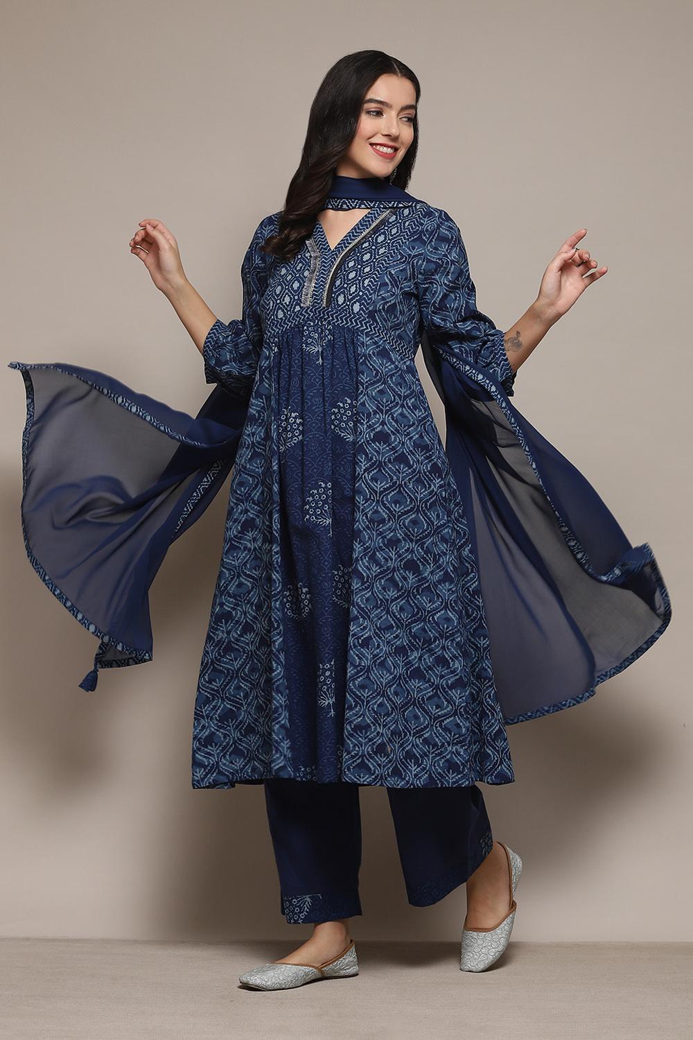 Indigo Cotton Gathered Kurta Palazzo Suit Set image number 3