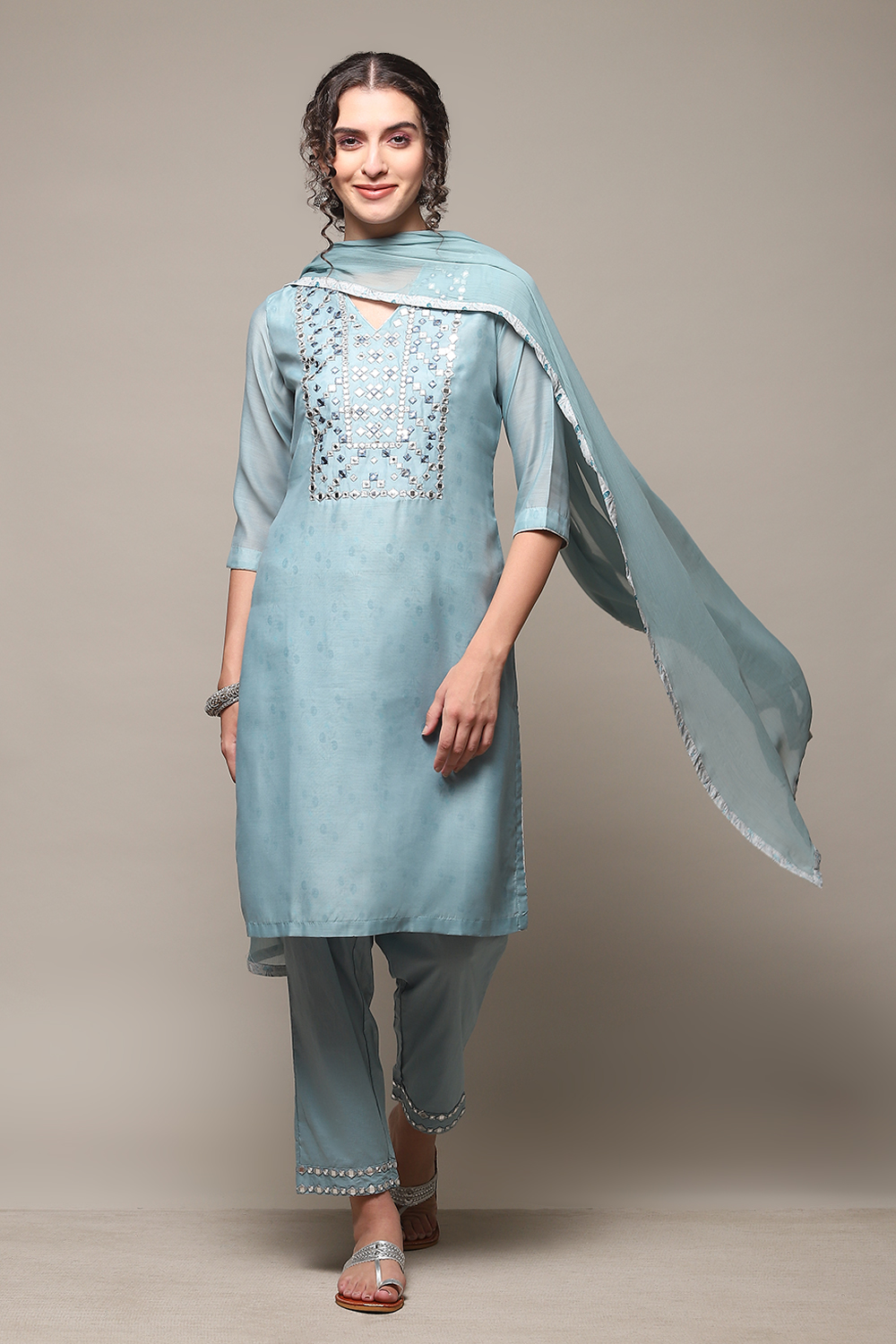 Off White Art Silk Straight Kurta Regular Pant Suit Set image number 0