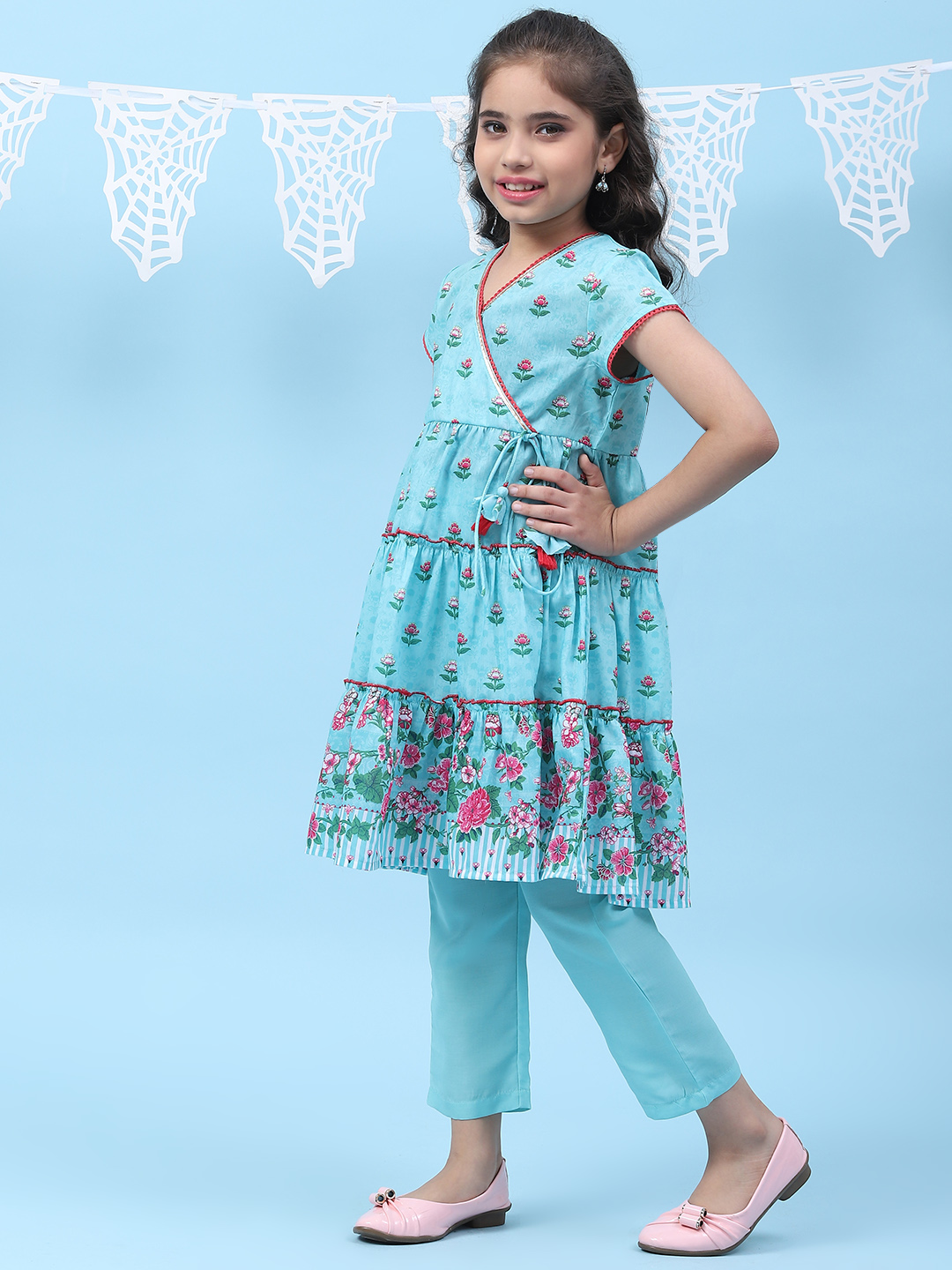 Sky Blue Art Silk Straight Printed Kurta image number 3