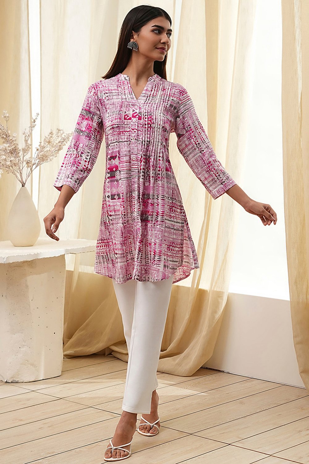 Pink Viscose Rayon Printed Short Kurta image number 0