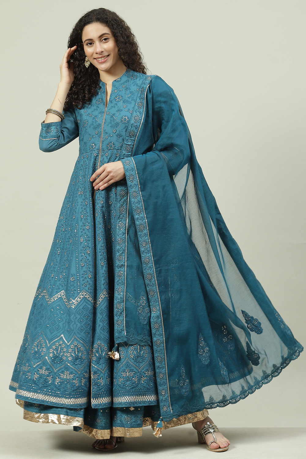 Teal Art Silk Anarkali Kurta Skirt Suit Set image number 0