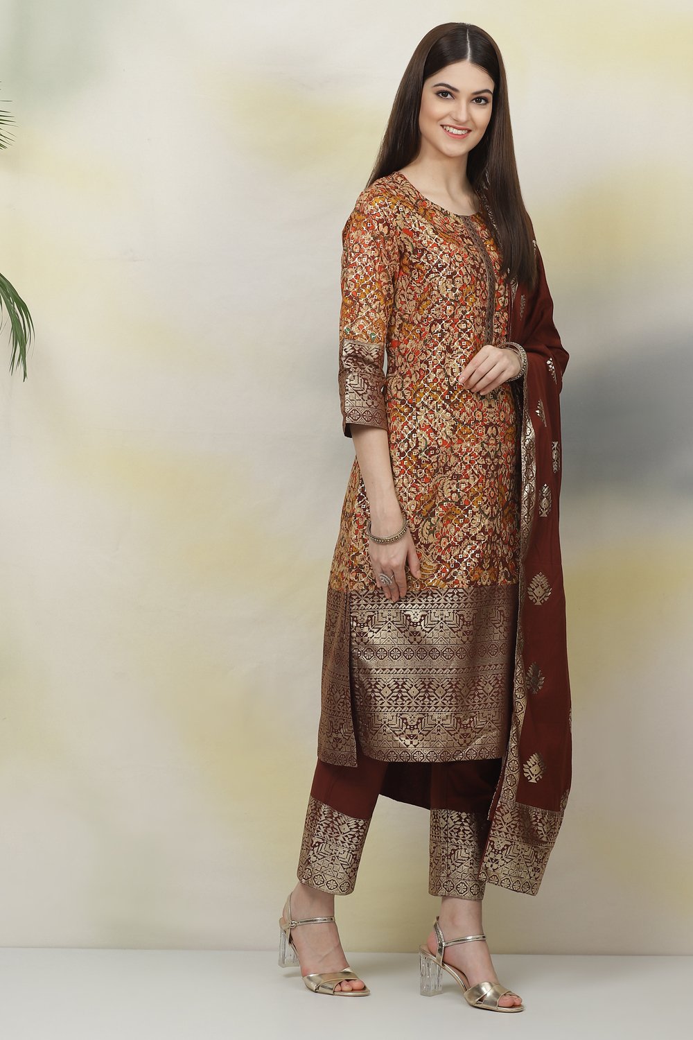 Choco Brown Cotton Straight Kurta Slim Pant Suit Set image number 5