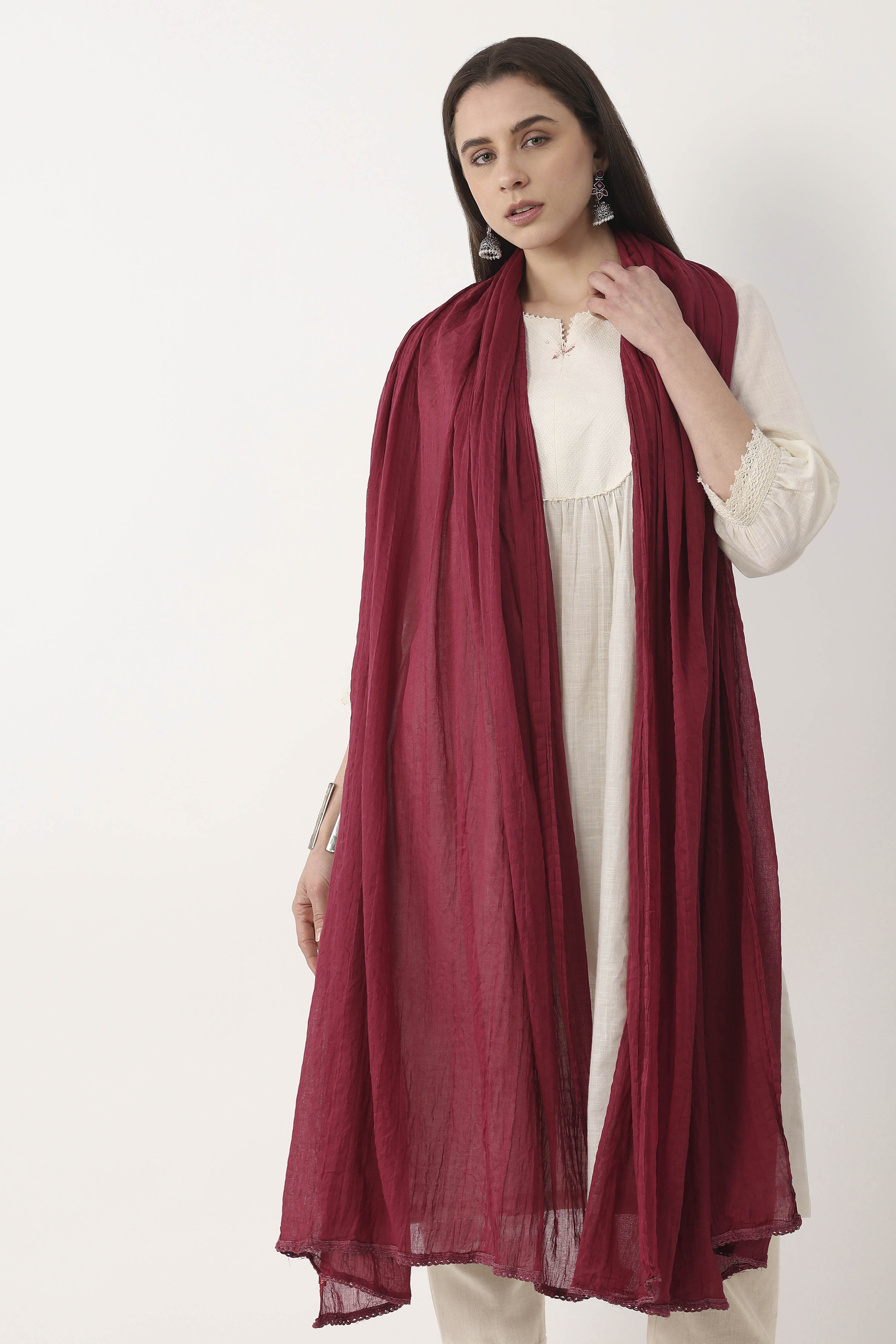 Maroon White Cotton Dupatta image number 1