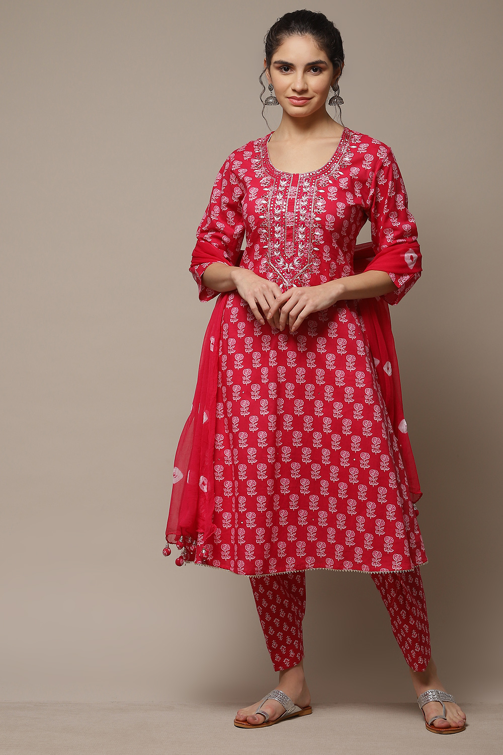 Pink Cotton Hand Block Print Unstitched Suit Set image number 1