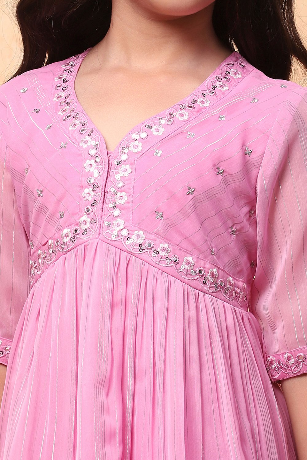 Pink Chiffon Printed Gathered Festive Flared Suit Set image number 1
