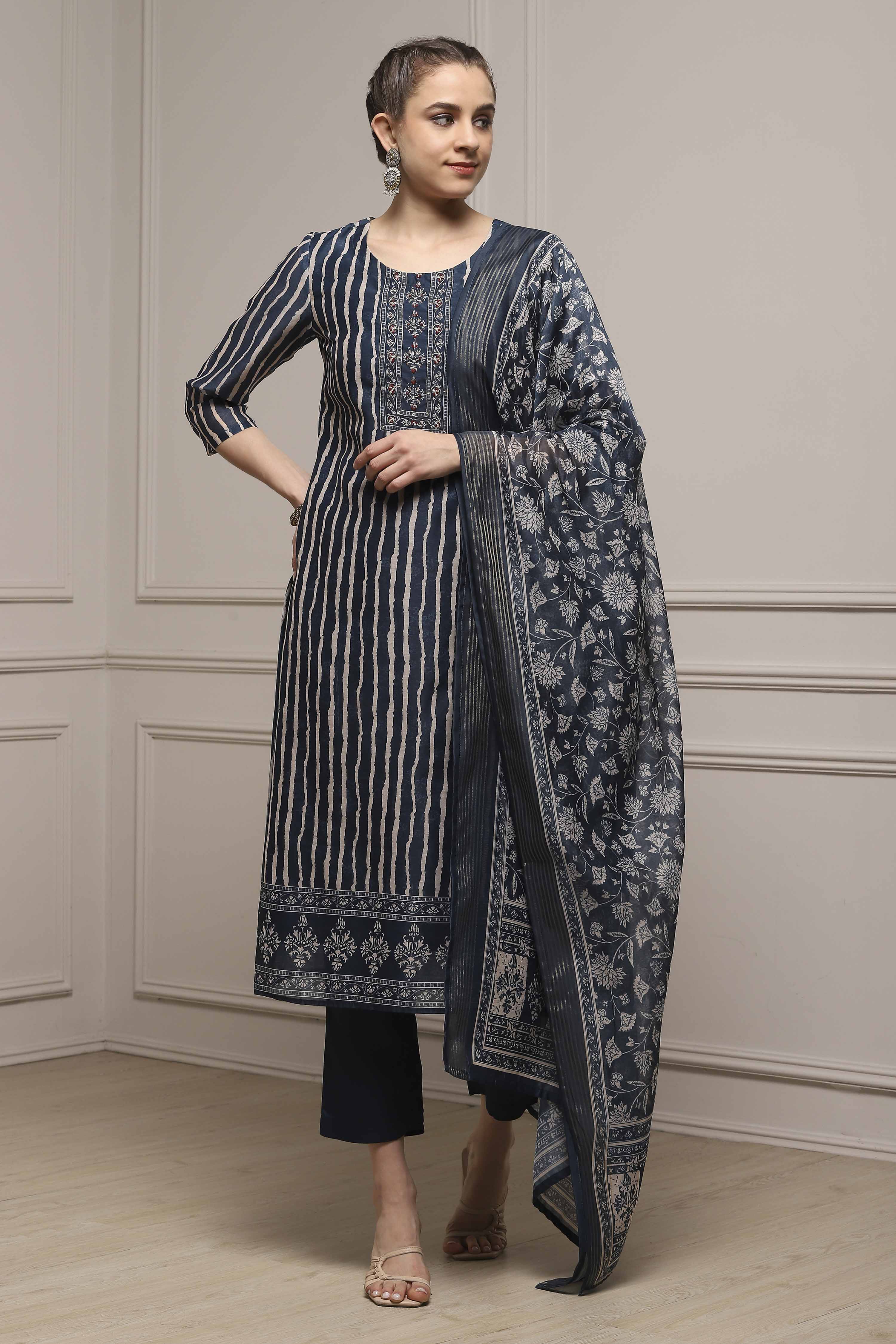 Blue Chanderi Blend Printed Embroidered Unstitched Suit Set image number 1