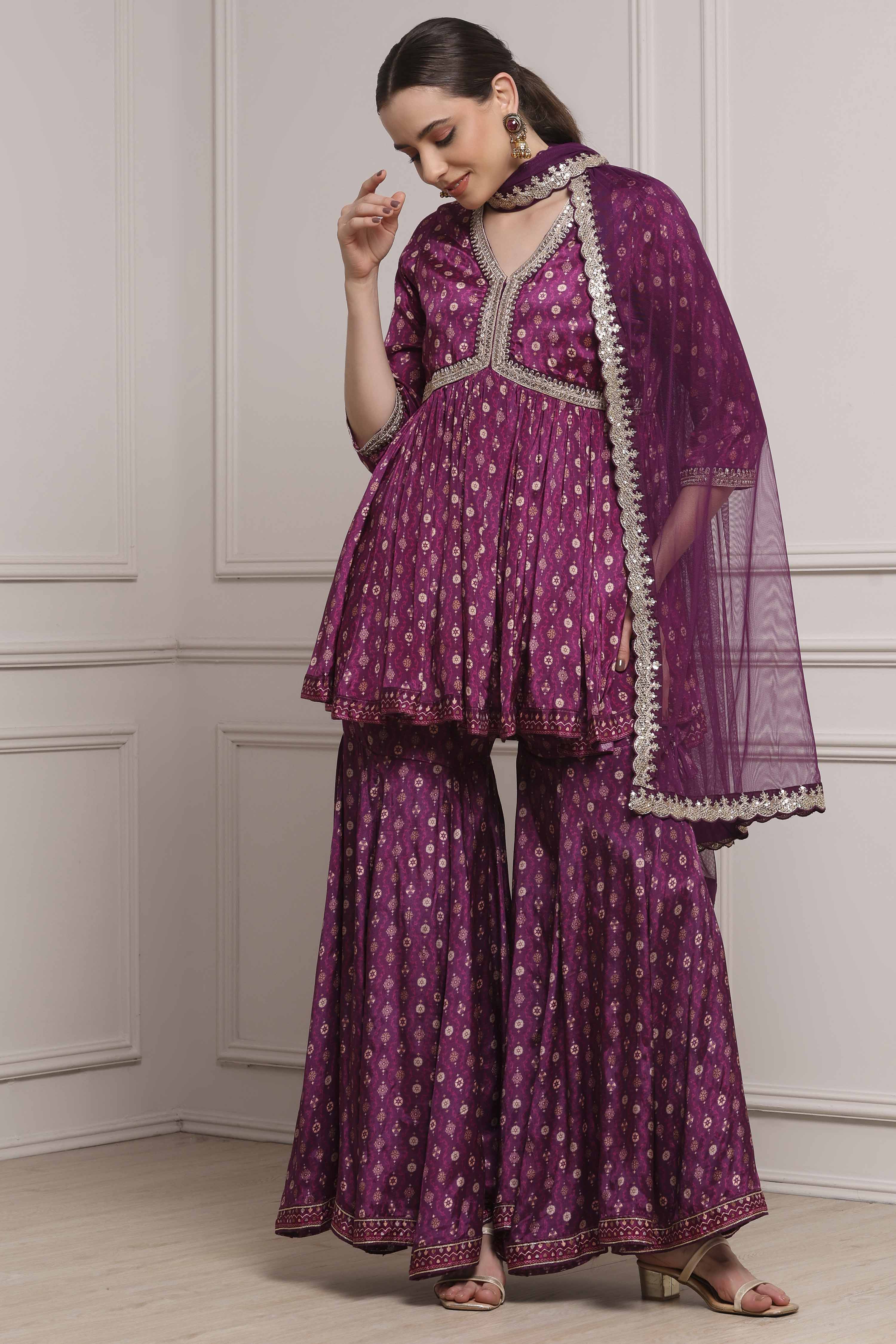 Purple Viscose Rayon Printed Peplum Fusion Set image number 0