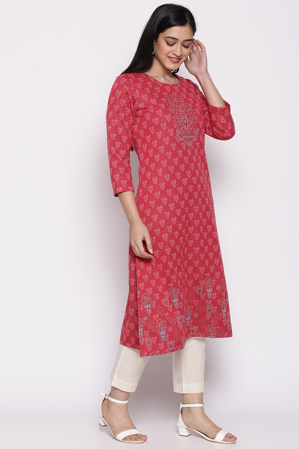 Crimson Red Poly Cotton Yarndyed Kurti image number 3