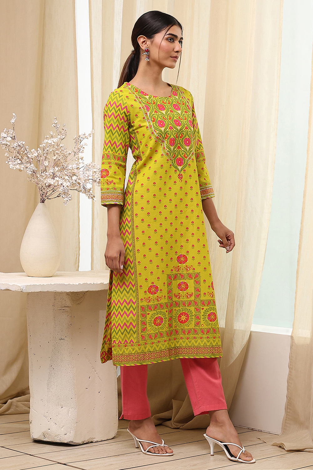Green Cotton Straight Printed Kurta image number 4