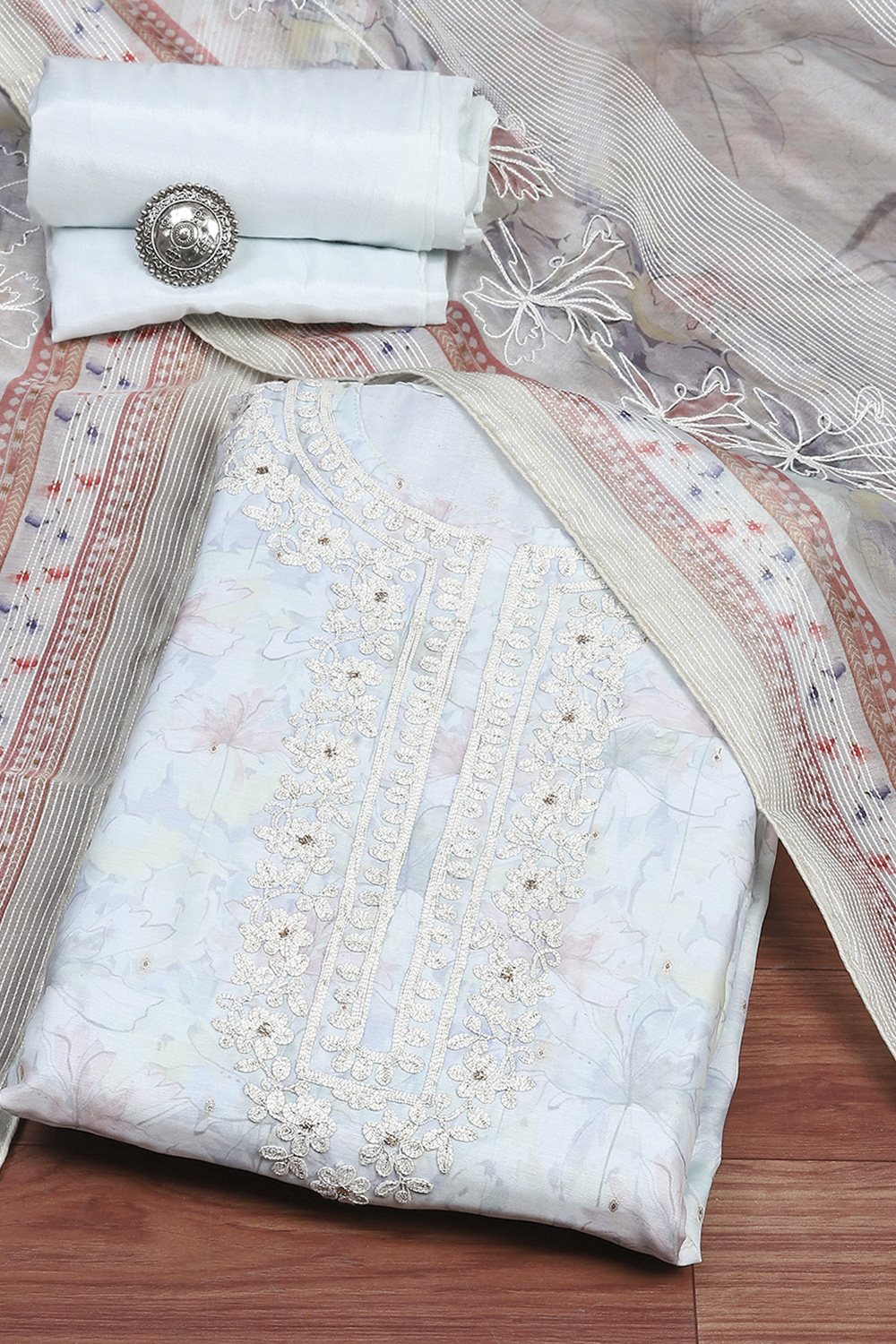 Light Pink Chanderi Unstitched Suit Set image number 0