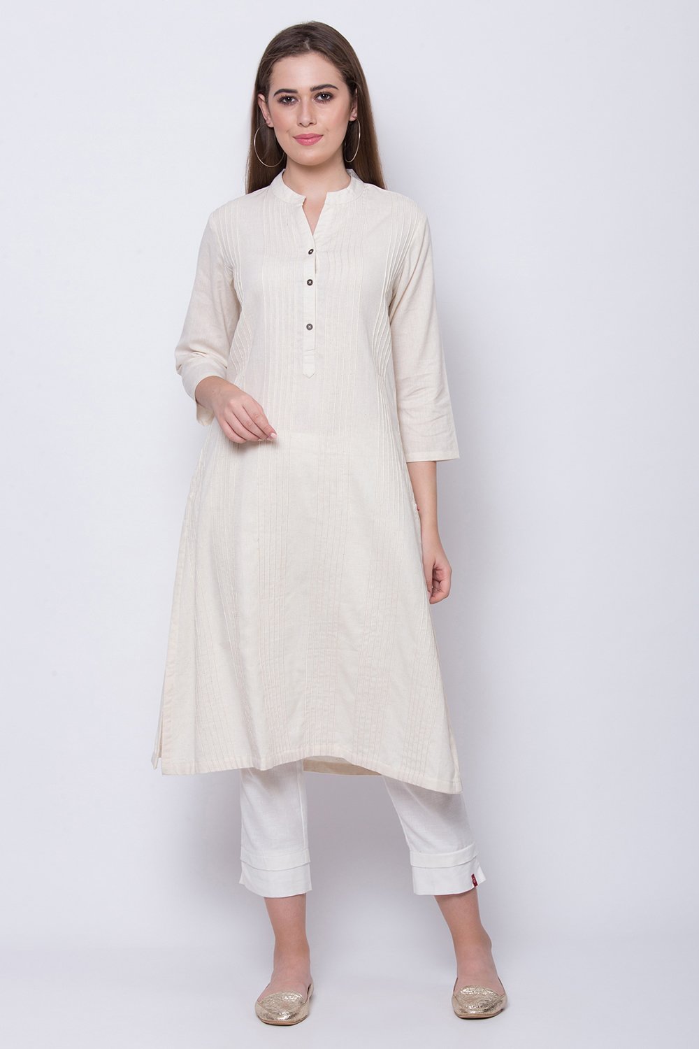 Natural Cotton Flax Straight Solid Kurta image number 2