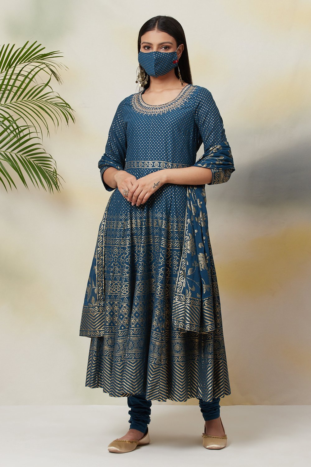 Lime Green Cotton Anarkali Kurta Churidar Suit Set image number 4