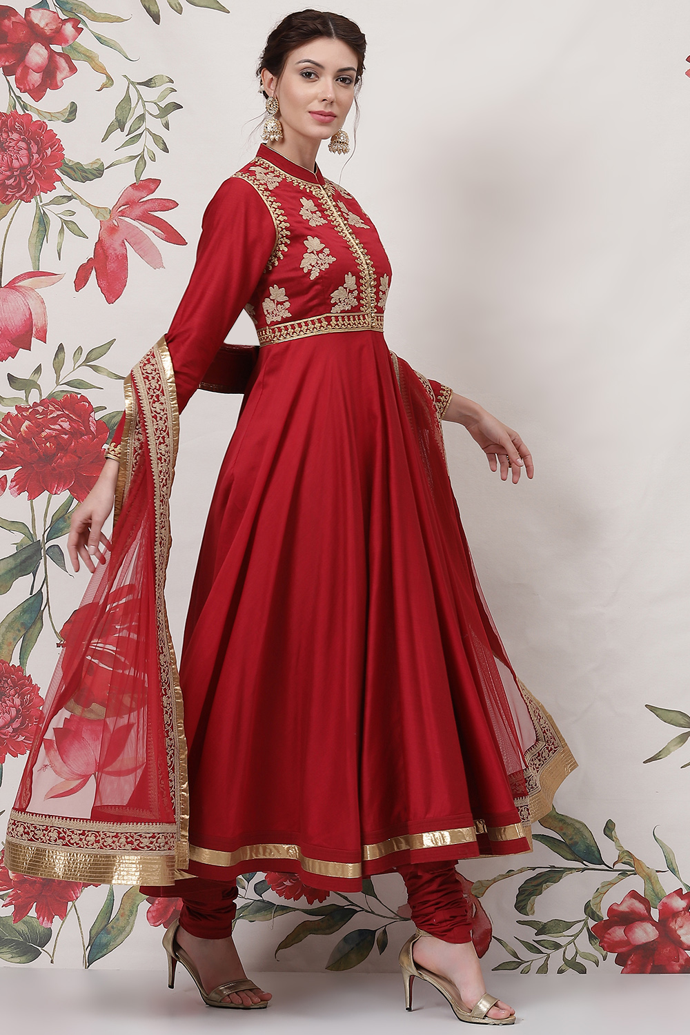 Rohit Bal Red Cotton Silk Anarkali Yarndyed Suit Set image number 6