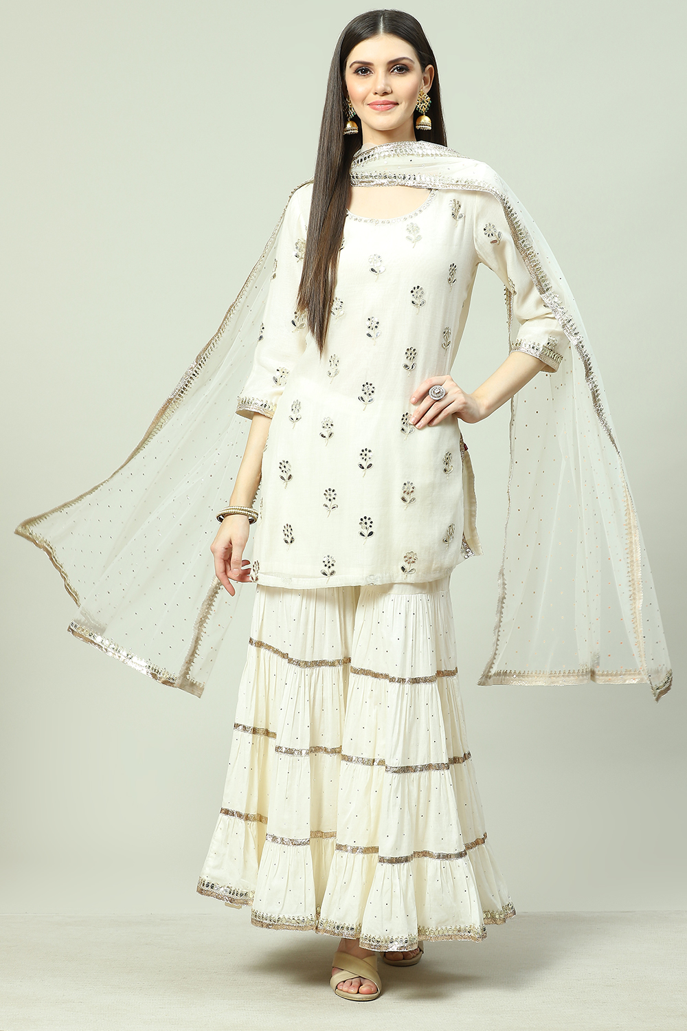 Biba Ivory Cotton Blend Straight Kurta Garara Suit Set