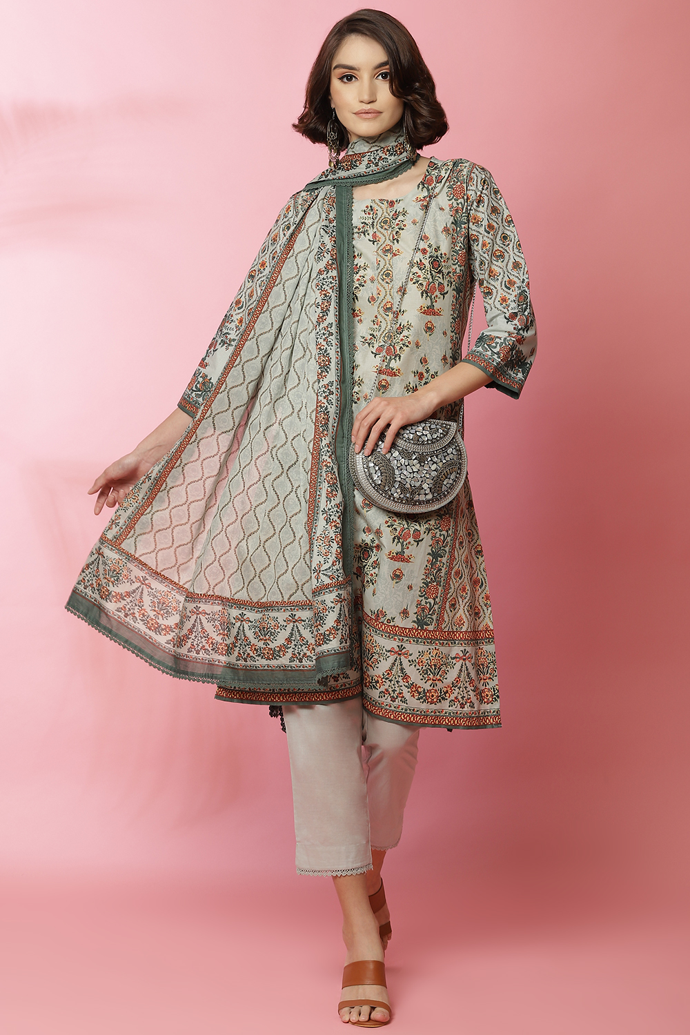 Sage Green Cotton Straight Kurta Slim Pant Suit Set image number 0
