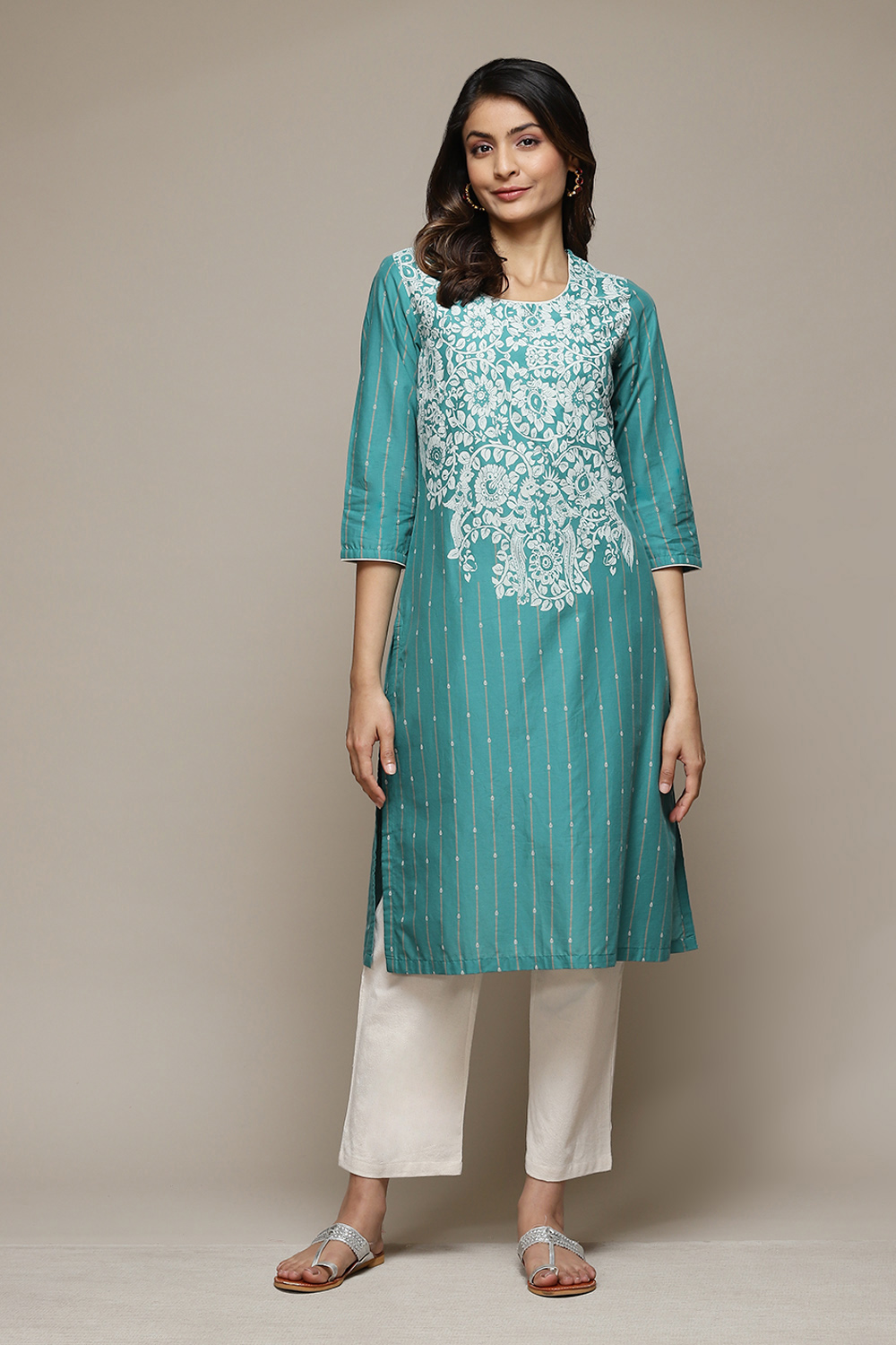 Green Cotton Straight Printed Kurta image number 5