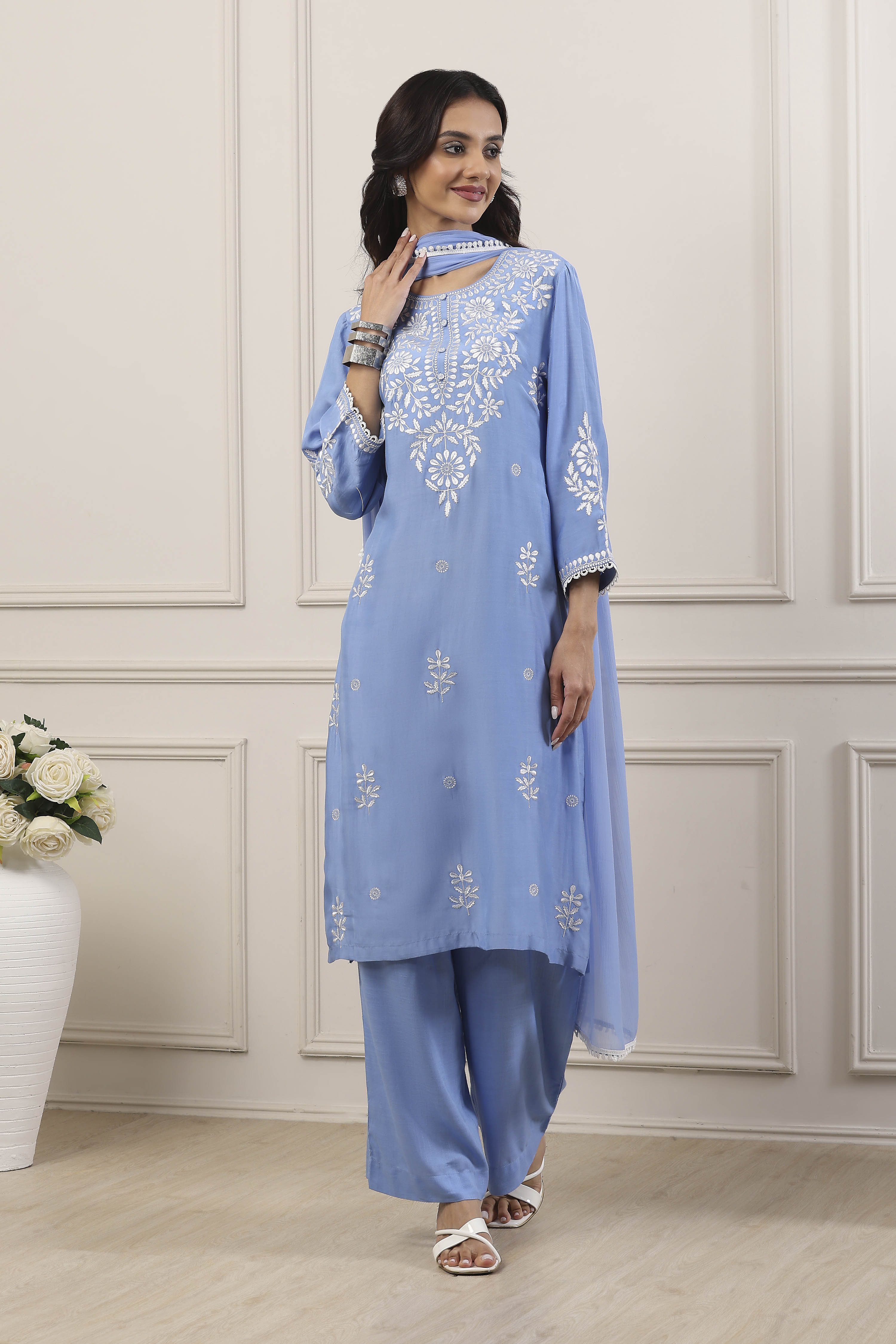 Blue Poly Viscose Straight Suit Set image number 6