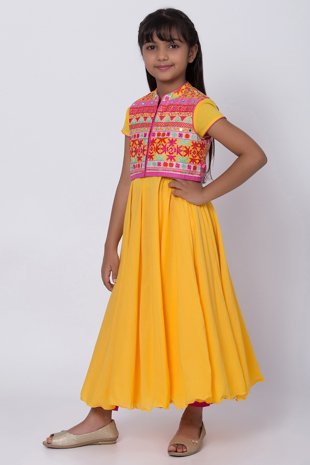 Yellow Cotton Anarkali Kurta Churidar Suit Set image number 3