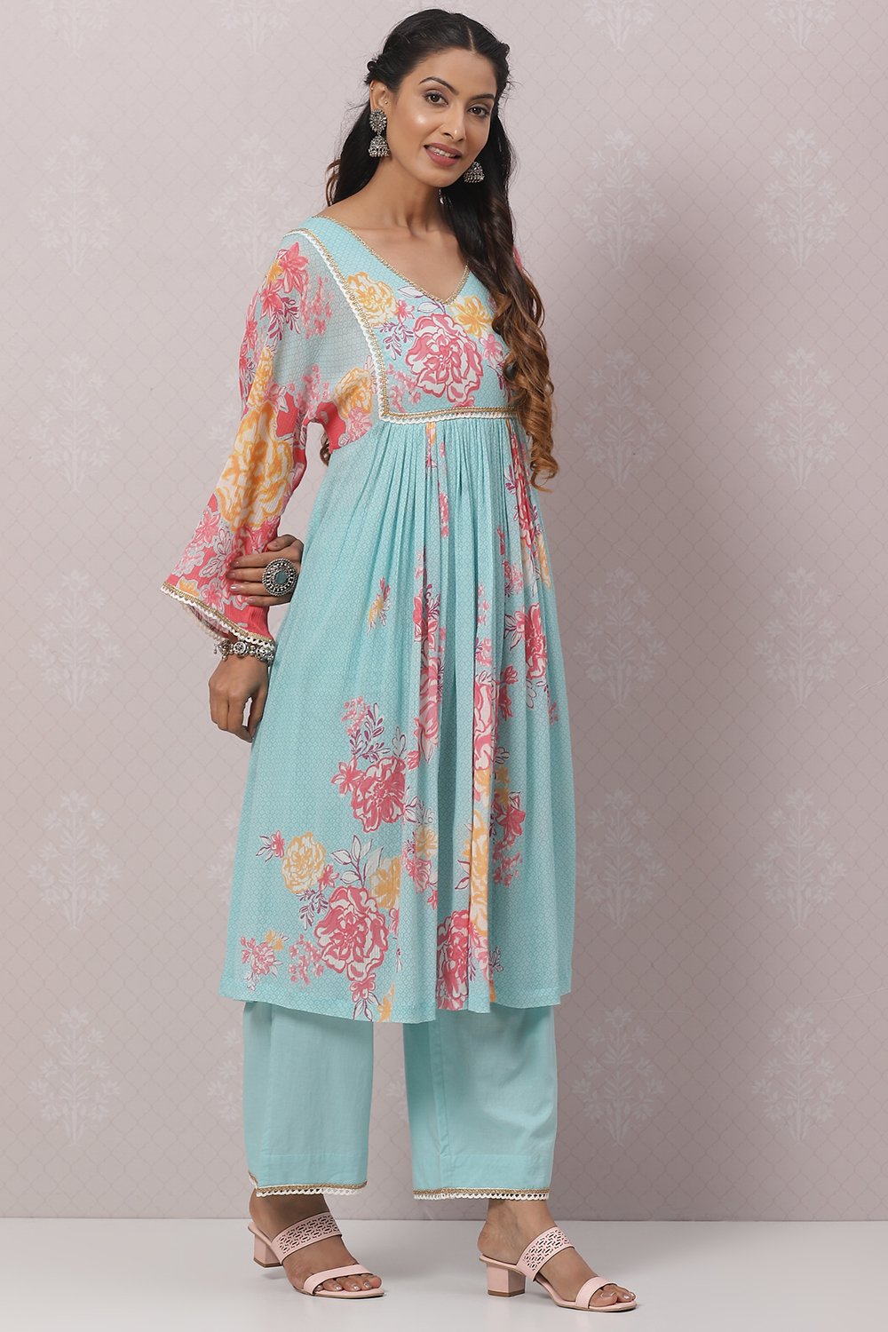 Sky Blue Cotton Flared Kurta Set image number 5